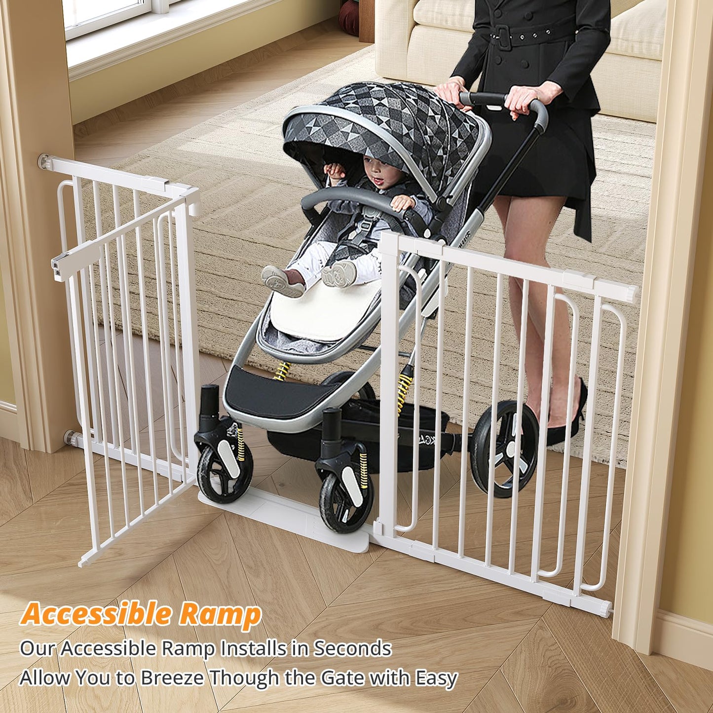Extra Wide Baby Gate with Door 85.7-101.5 Inch Pressure Mounted, Auto Close Child Baby Gates for Doorways No Drill, Walk Through Dog Gate Indoor for The House, White