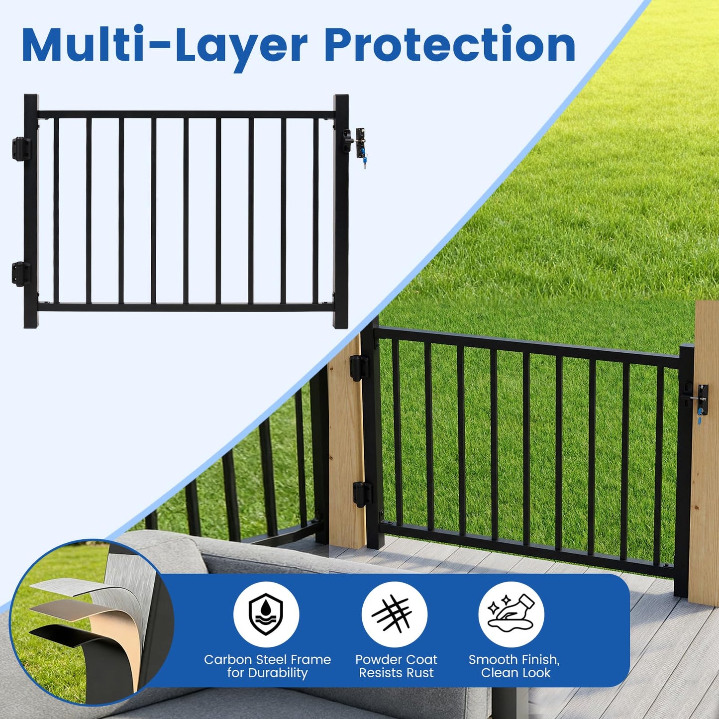 Aluminum Deck Gate Kit for Outdoor Safety, 36" H x 48" W Black Metal Gate Kit with Self-Closing Hinges & Latch, Aluminum Fence Gate for Pool, Porch, Yard, and Dog Protection