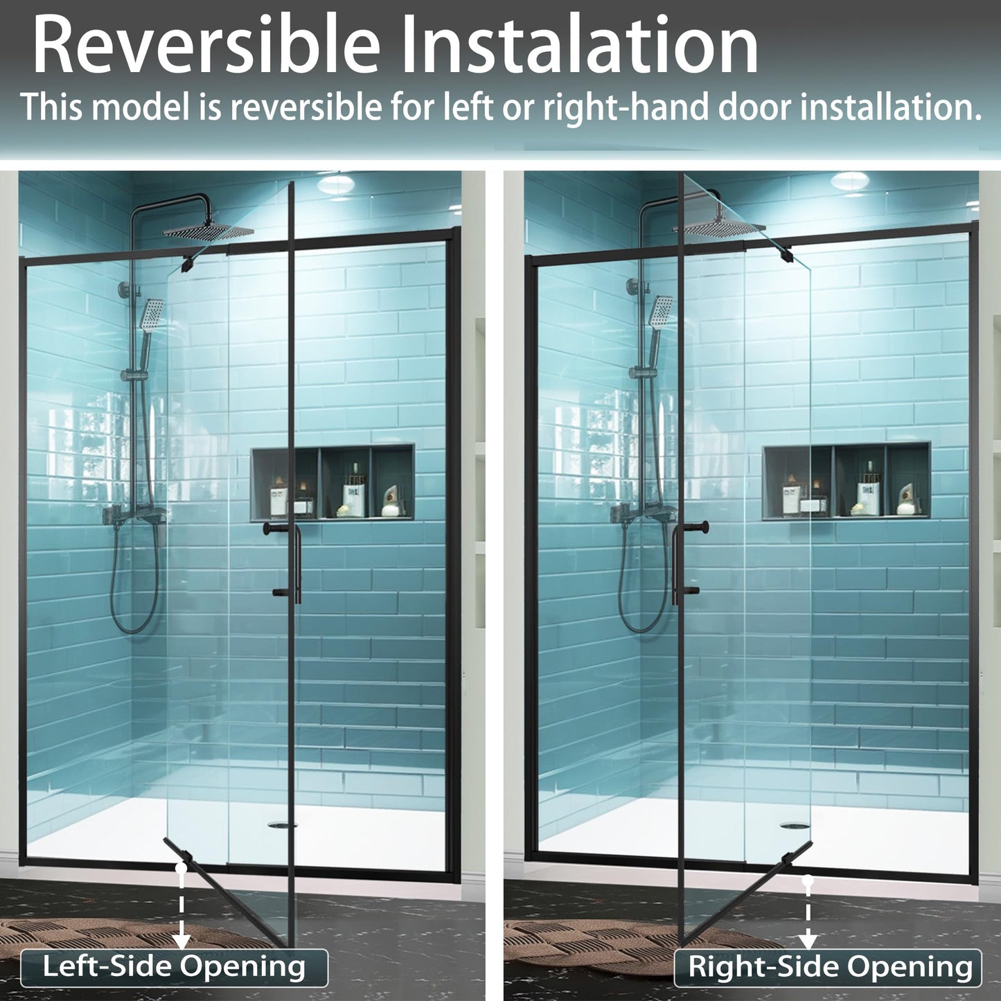 GroGro 56-60" W x 71" H Semi-Frameless Pivot Swing Glass Shower Door,Pivot Shower Door with 1/4" (6mm) Clear SGCC Tempered Glass,Matte Black Finish,Reversible Installation
