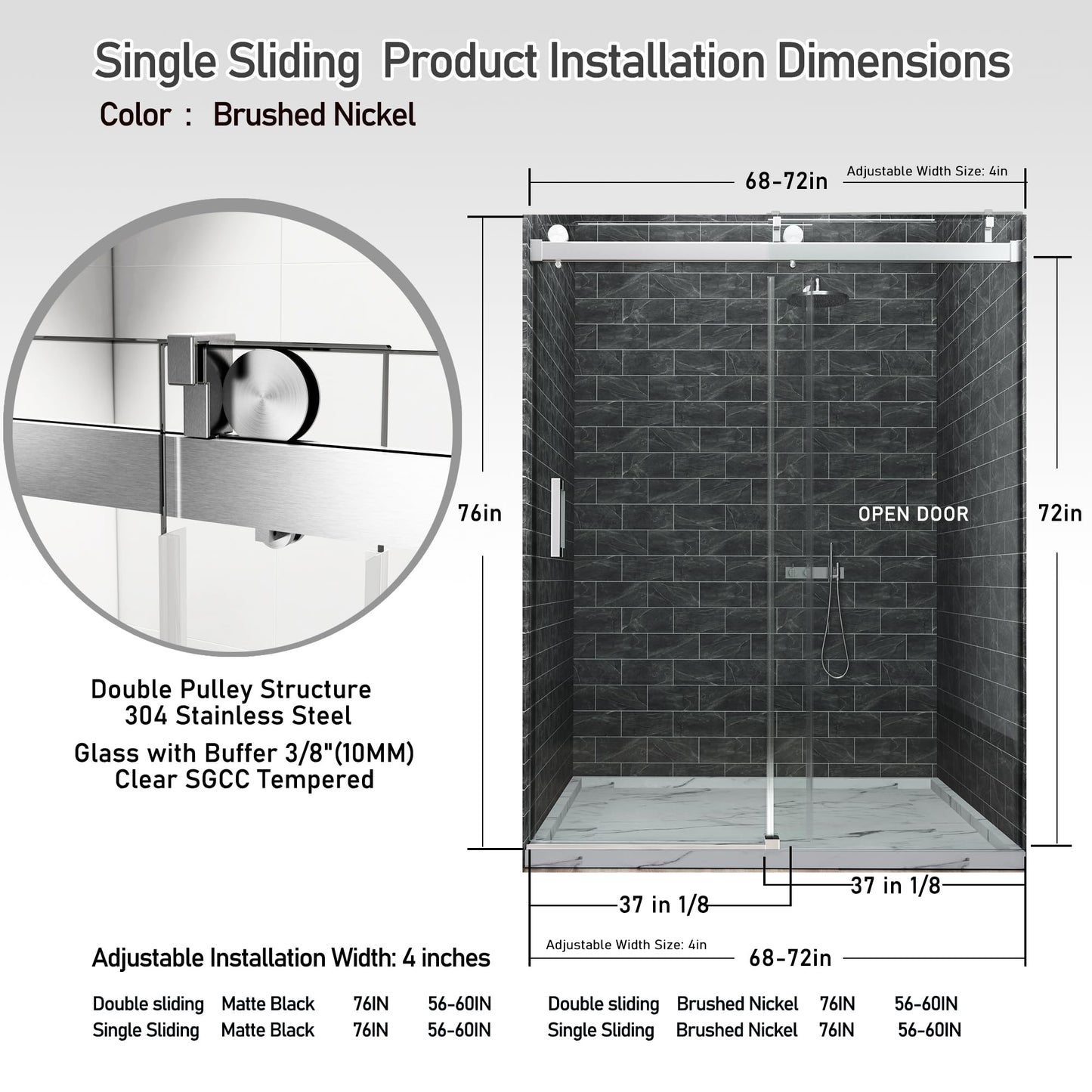 68-72" W x 76" H Shower Door,Frameless Shower Door,Single Sliding Shower Glass Door with 3/8" (10mm) Clear SGCC Tempered Glass, Roller Disc System (Brushed Nickel, 72" Wx76 H-Single Sliding)