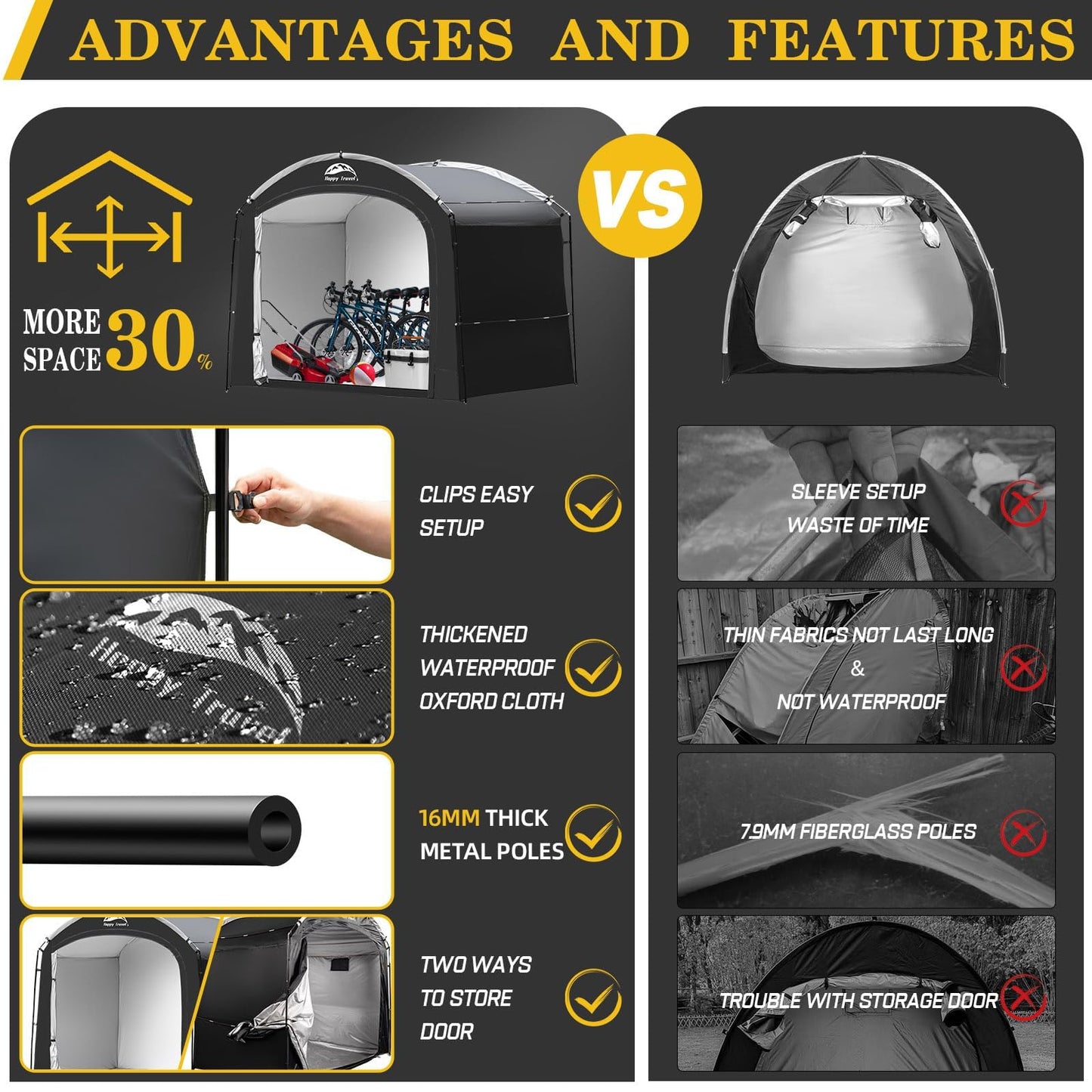 Happy Travel Bike Storage Shed Tent, Waterproof Portable Bicycle Cover with 30% More Top Storage Space for 2/3/4/5 Bikes,Clips Easy Setup Outdoor Sheds Shelter for Motorcycle, Garden Tools, Lawn Mower