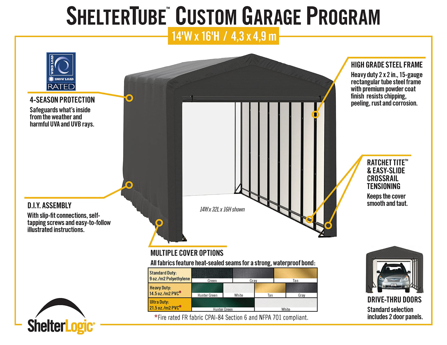 ShelterLogic ShelterTube Garage & Storage Shelter, 14' x 36' x 16' Heavy-Duty Steel Frame Wind and Snow-Load Rated Enclosure, Green