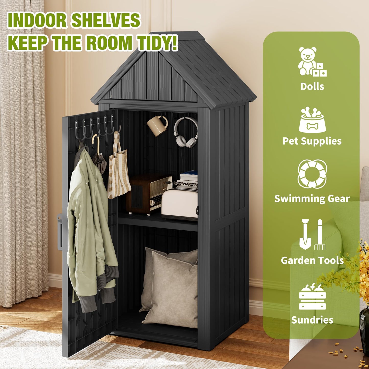 WTFGO Vertical Outdoor Storage Shed, Waterproof Resin Outdoor Storage Cabinet with Removable Shelves & 12 Hooks, Lockable Small Tool Shed for Garden, Backyard, Patio, Pool, Black