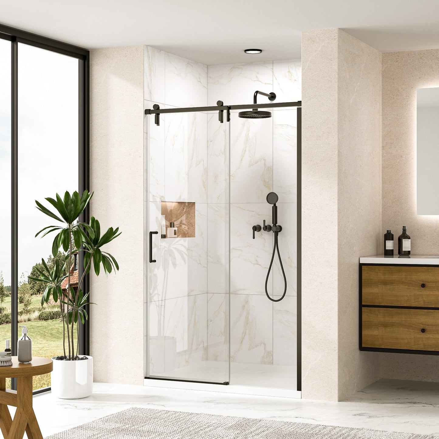 Keonjinn Sliding Shower Door, 44-48" W x 76" H Semi-Frameless Shower Door, 1/4" (6mm) Clear SGCC Tempered Clear Glass with Nano Coating, Silent Soft-Close Design, Matte Black