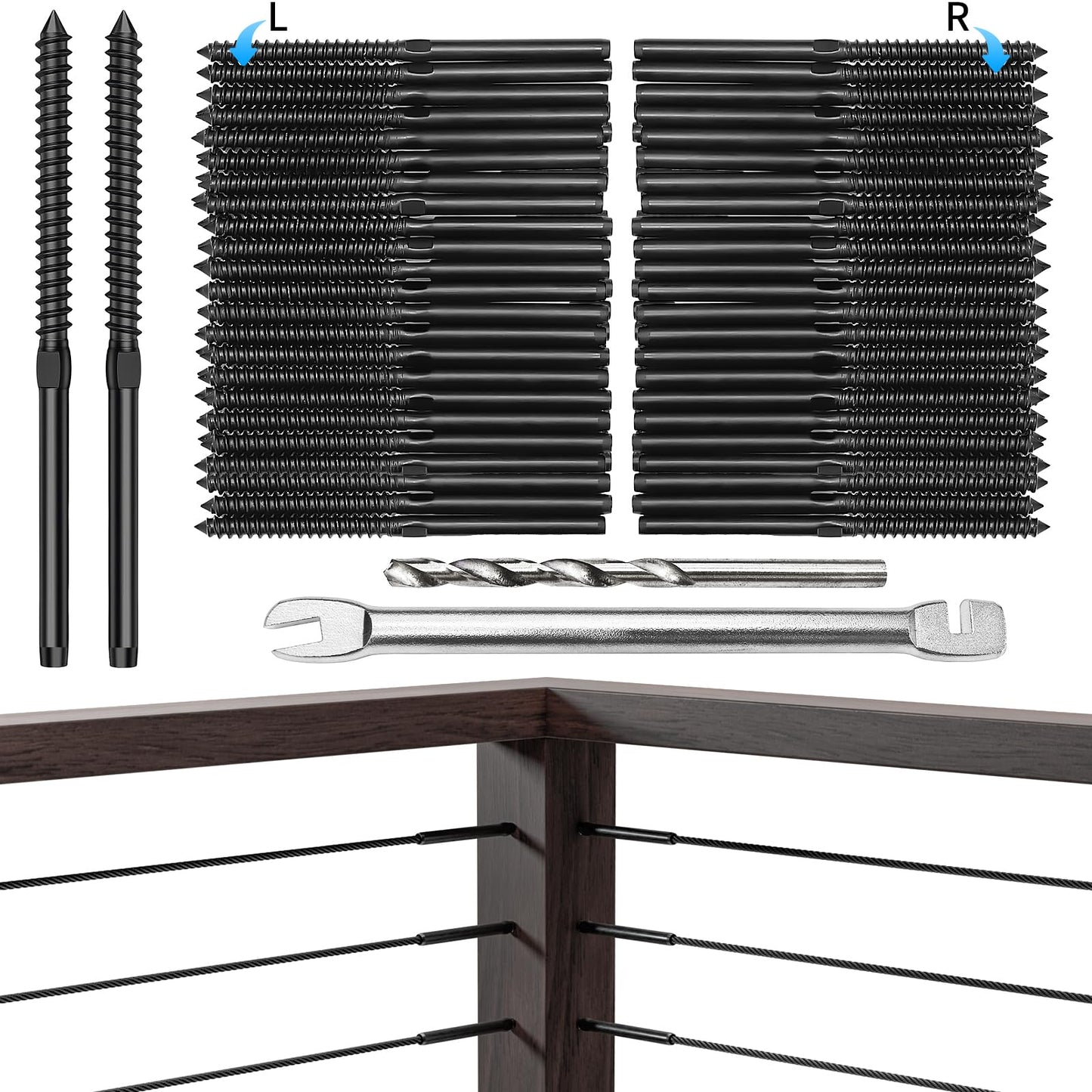 Swage Lag Screws for Cable Railing - 80 Pack Black T316 Stainless Steel Left and Right Handed Thread - 1/8" Cable Railing Hardware Kit for Deck Stair Wood Post Railing System