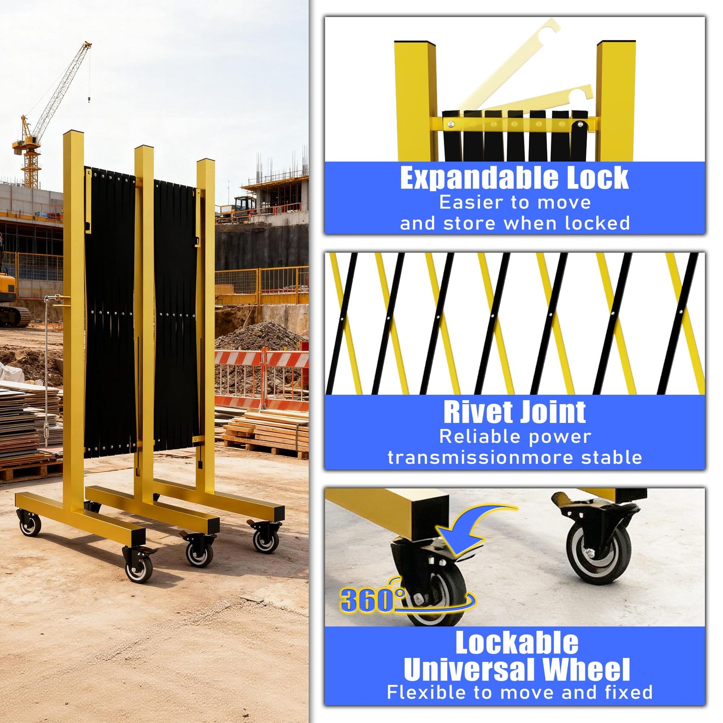 Industrial Expandable Barricade,Folding Security Gate Safety Barricade with Casters,Mobile Barrier Gate Outdoor,Adjustable Traffic Fence for Road Construction, Traffic Control,Pool (11FT)