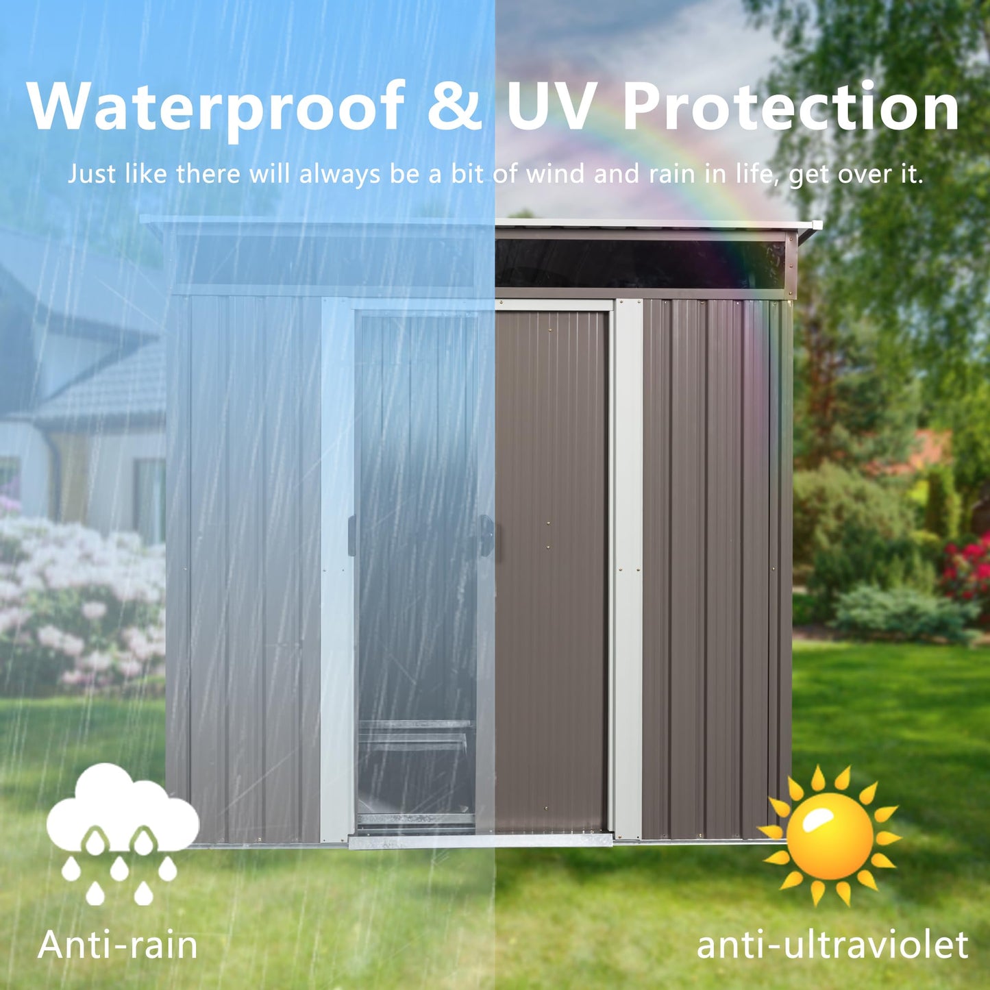 6FT x 5FT Outdoor Storage Shed, Heavy Duty Galvanized Steel Garden Shed with Sloped Roof, Sliding Lockable Doors, Punched Vents & Foundation Kit, Weather Resistant Tool Shed, Grey with Window