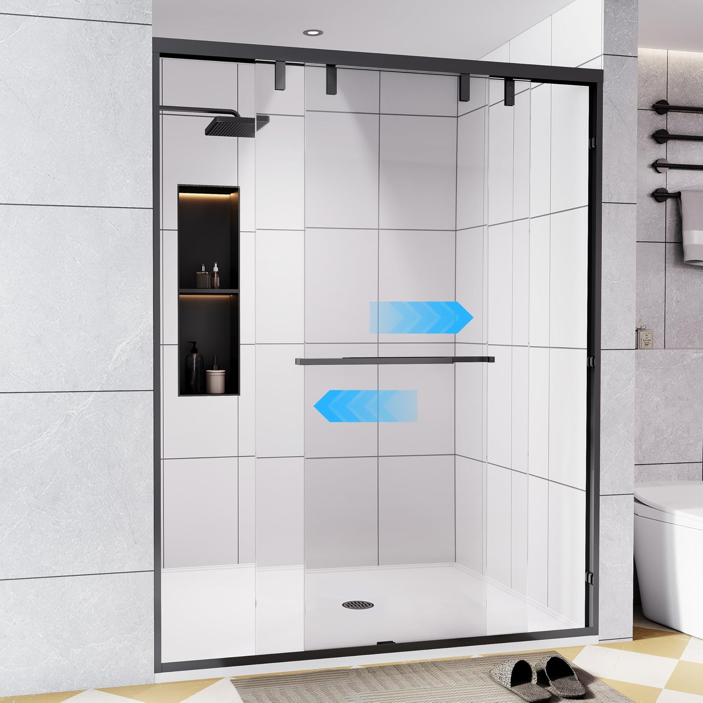 Dyvalis 49-54" W x 76" H Semi-Frameless Double Sliding Shower Door, 1/4" (6mm) SGCC Tempered Clear Glass with Easy-Clean Coating, Bypass Glass Shower Doors, Matte Black