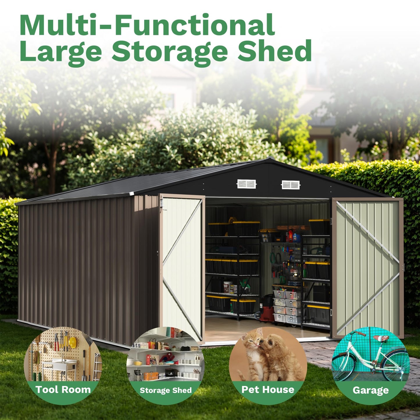 Patiowell 10x14 FT Storage Shed, Outdoor Metal Steel Garden Shed with Lockable Door and Sloping Roof, Large Outside Utility Tool Sheds for Backyard Garden Patio, Brown