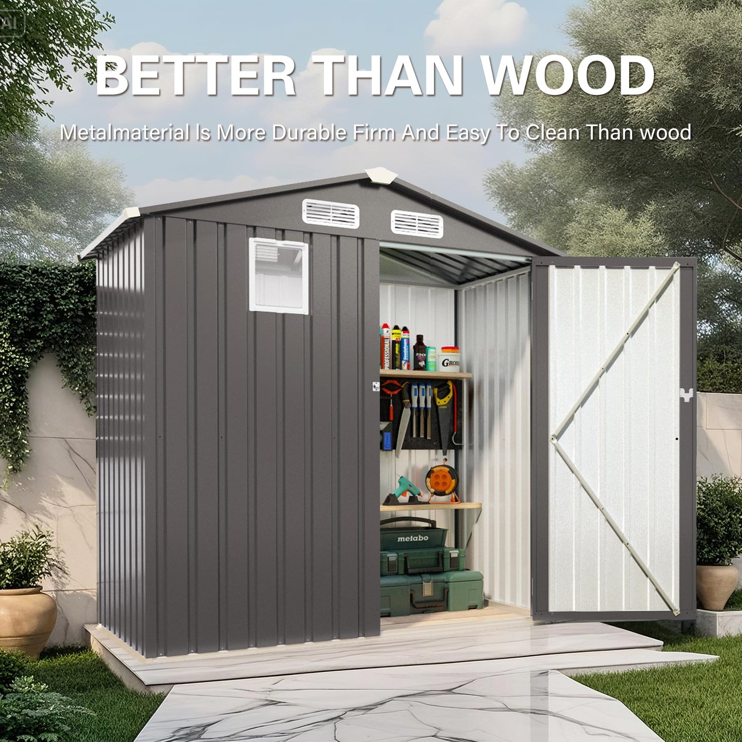 YOPTO 6X4 FT Metal Outdoor Storage Shed,Waterproof Tool Sheds with Pitched Roof and Positive Window,Backyard House Buildings w/Lockable Door & Vents,for Garden Sundries Sundries Bike,Gray