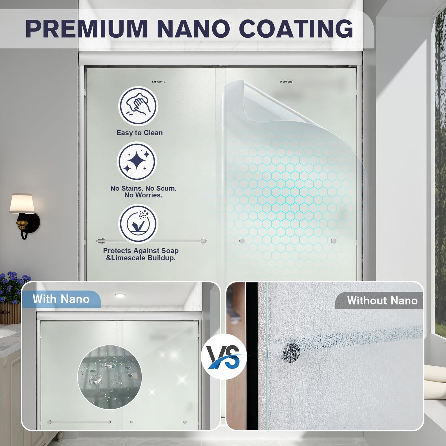 EASYWORC Double Sliding Shower Door, 55"-60" W x 70" H Semi-Frameless Frosted Shower Door, 1/4'' (6mm) Frosted SGCC Tempered Glass with Nano Coating and Explosion-Proof Film, Brushed Nickel