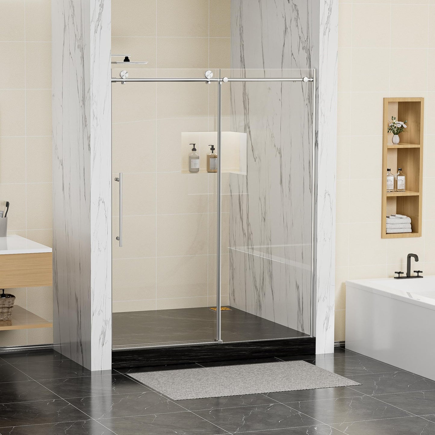 Frameless Sliding Shower Door 56-60 in W x 75 in H,Frameless Shower Door with 5/16" (8mm) Clear Tempered Glass,Silent Soft-Close Design,Brushed Nickel