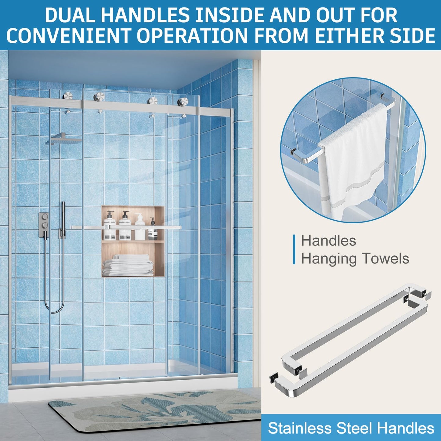Frameless Shower Door, 56-60" W x 72" H Double Sliding Shower Doors, 1/4" (6mm) Thick Tempered Clear Glass Door with Explosion-Proof Film Nano Coating, Stainless Steel Hardware, Brushed Nickel