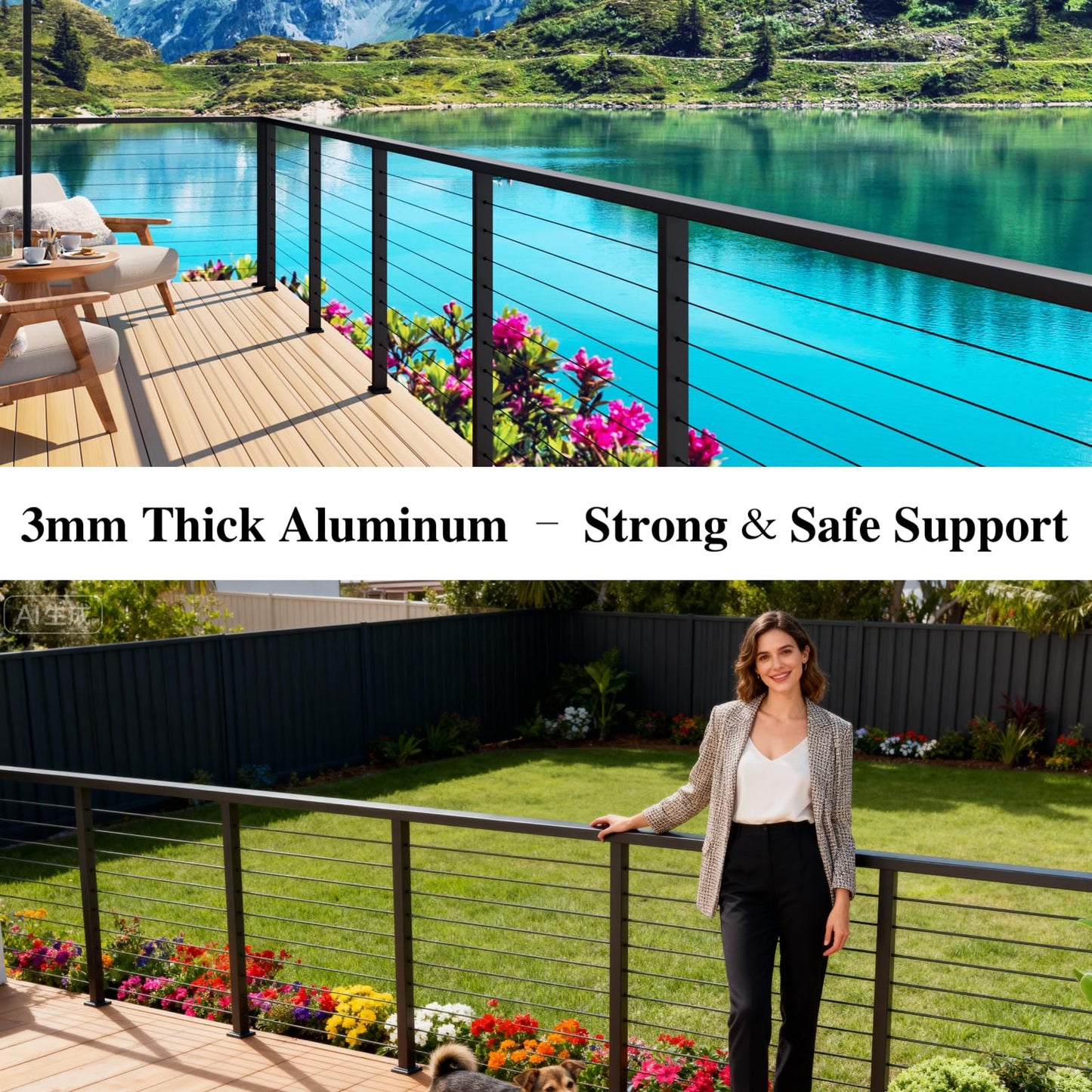 1 Pack 4FTx 2-3/8"x1-3/16 Aluminum Black Handrail with Self Drilling Screws Nylon End Caps, AAMA 2604 Coating, 3mm Thick Flat Handrail Cuttable Top Rail for Deck Stair Railing Indoor Outdoor