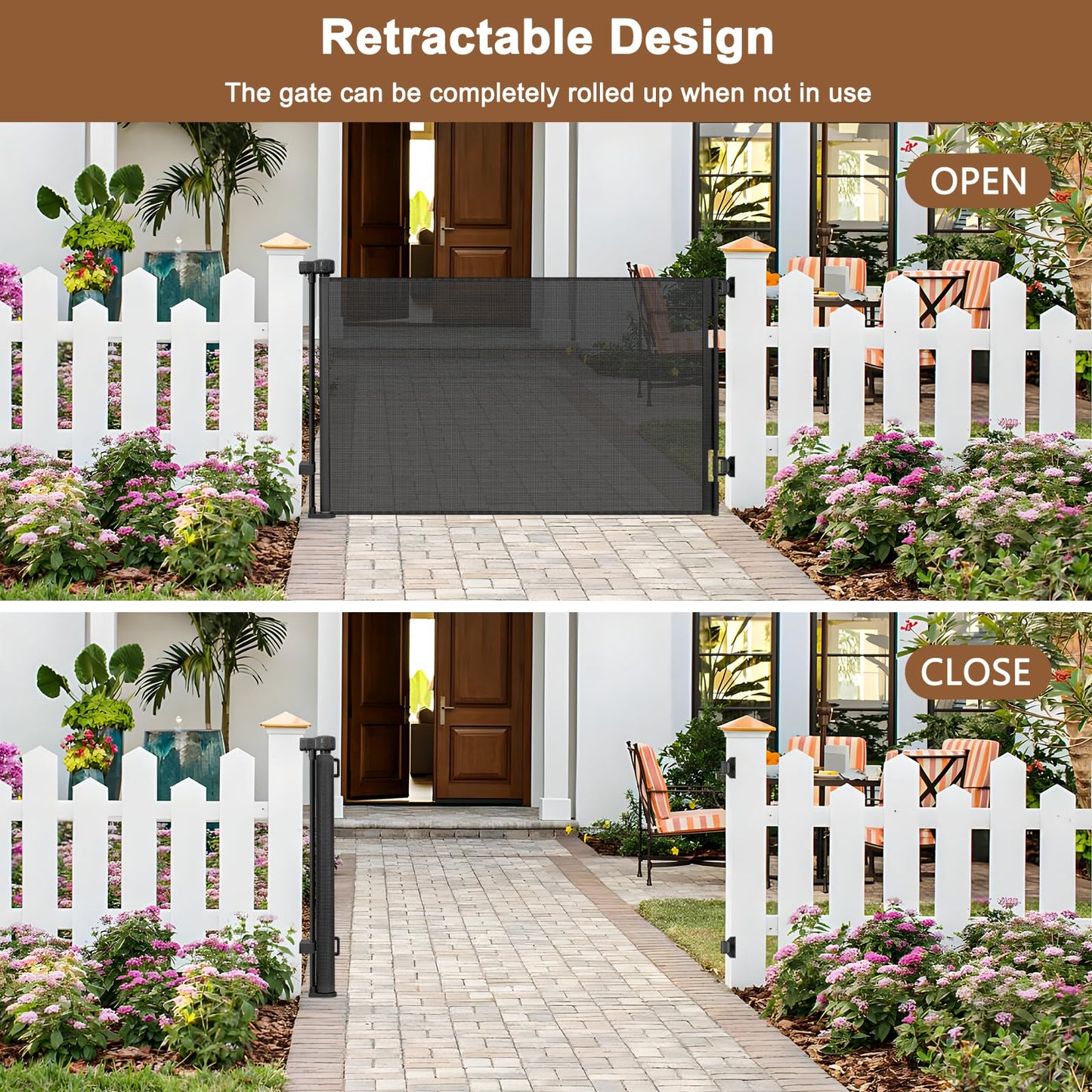 Weatherproof Outdoor Retractable Gate for Dogs with No Rust Stainless Steel Screws and Rods, 55" Wide Waterproof Retractable Baby Gates, Scratch-Resistant Mesh Safety Outdoor Pet Gate for Deck, Black