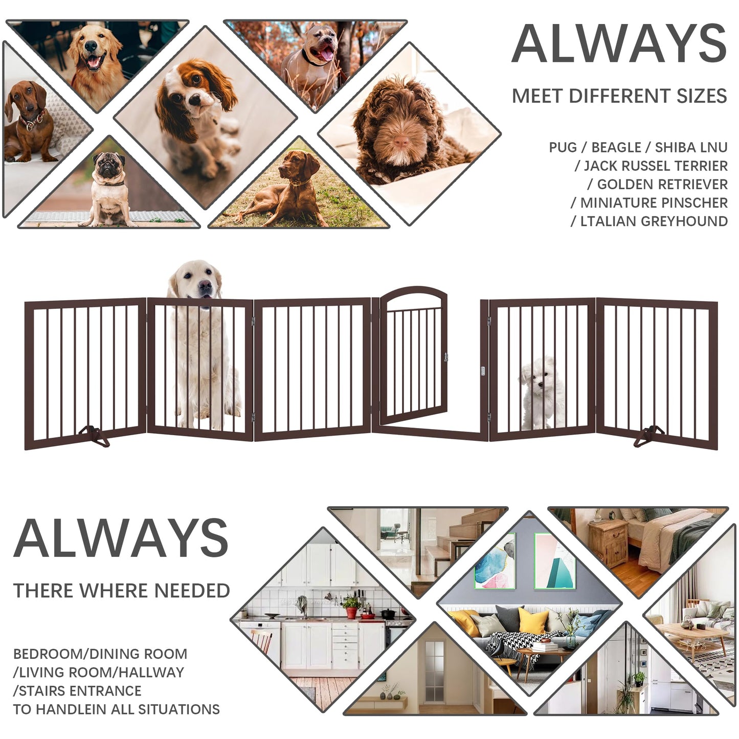 JSB 144-inch Extra Wide 30-inch Tall Dog gate with Door Walk Through, Freestanding Round Tube Pet Gate for Halls Stairs, Puppy Safety Dog Fence with 2PCS Support Feet (Espresso)