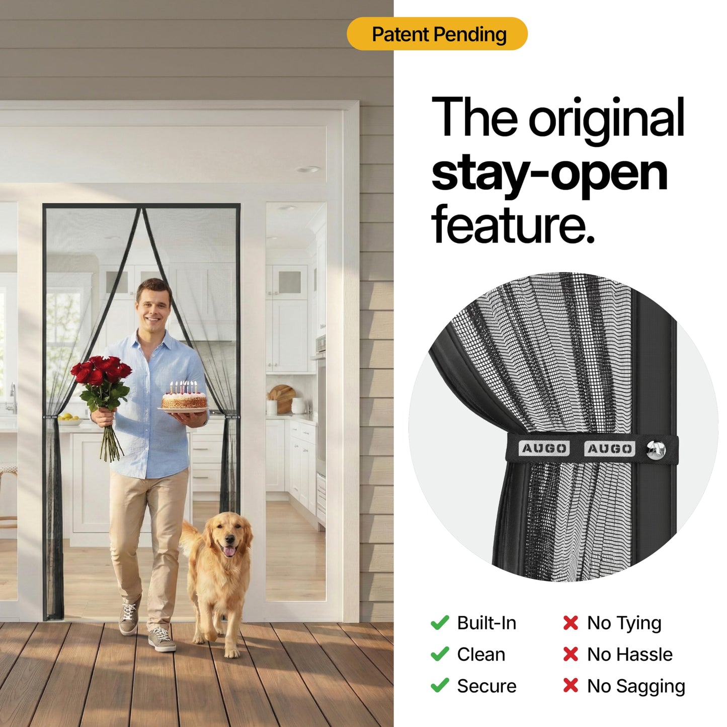 AUGO Heavy Duty Magnetic Screen Door – Fiberglass Pet Resistant Mesh, Self Sealing Hands Free Magnetic Closure, Tear Resistant Door Screen Keeps Bugs Out, Patent Pending Keep Open Feature – 38” x 83”