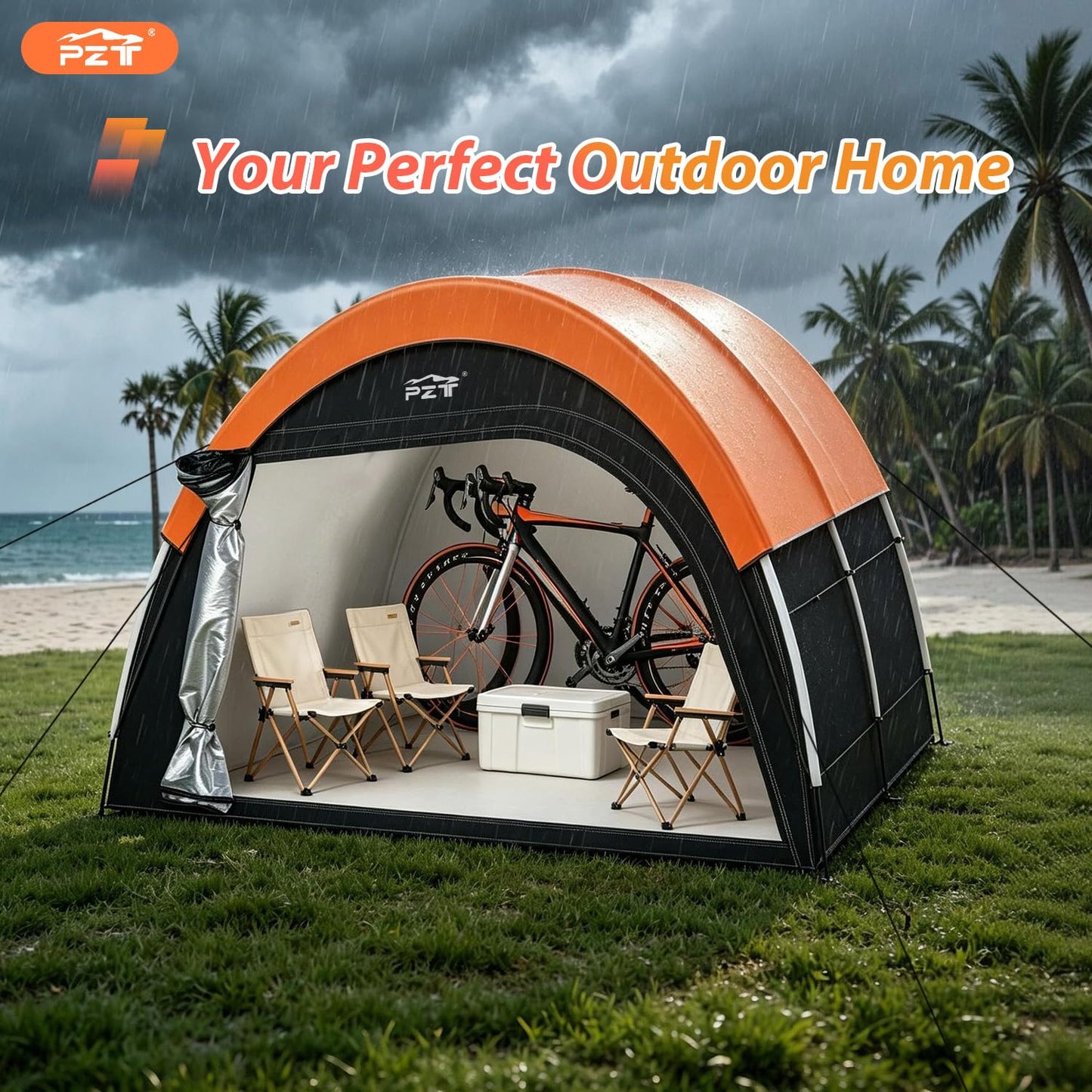 PZT Upgraded Bike Tent with Rain Cover, Portable Outdoor Storage Shed for 8-10 Bikes, 210D Oxford Fabric PU4000 Waterproof, Bike Shed/Bike Cover for Motorcycles, Garden Tools, Lawn Mower