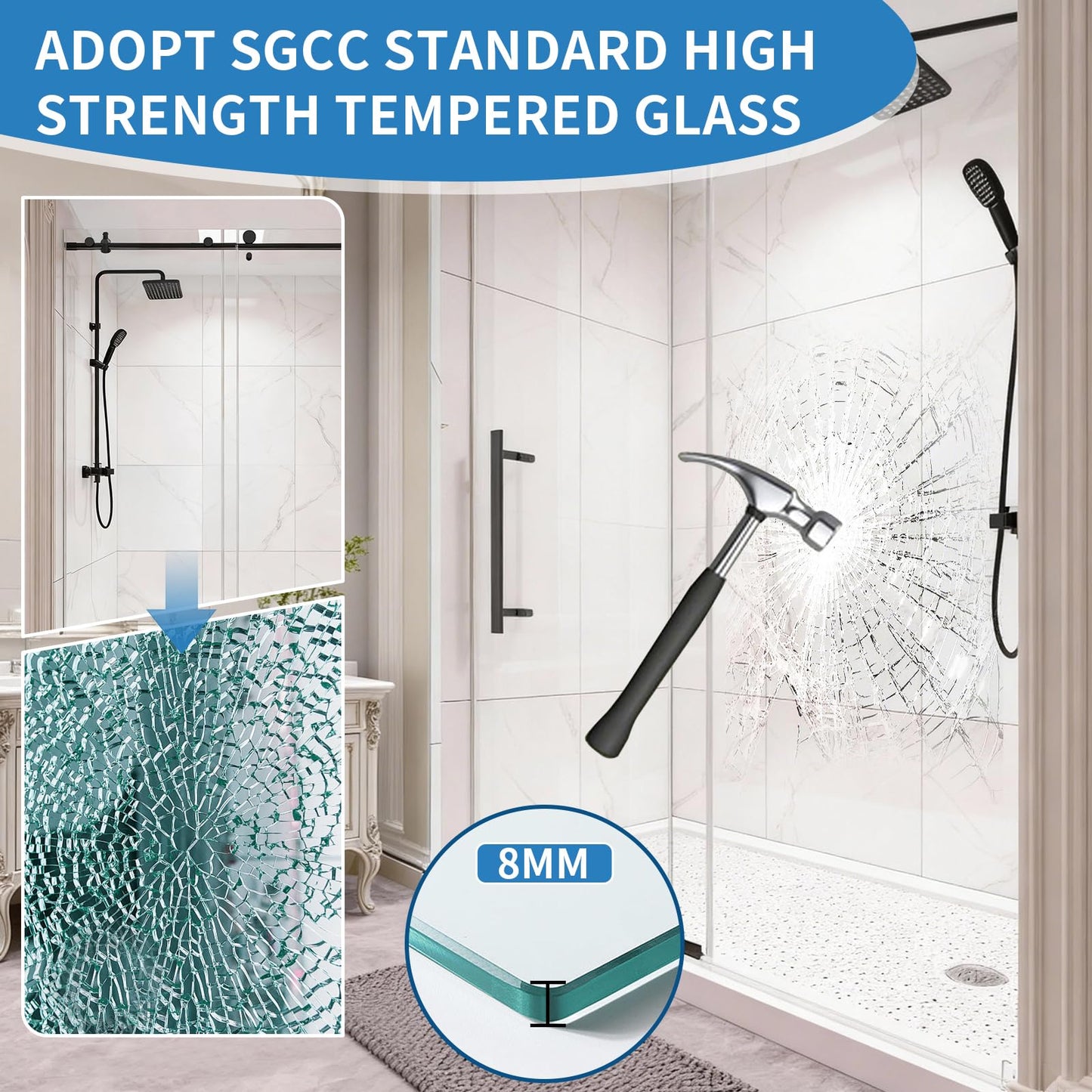 LetLuck 56-60" W x 76" H Frameless Shower Door, with Explosion-Proof Nano Coating, Matte Black Hardware, 5/16" (8mm) Thickness SGCC Certified Tempered Glass - Ideal for Walk-in Showers