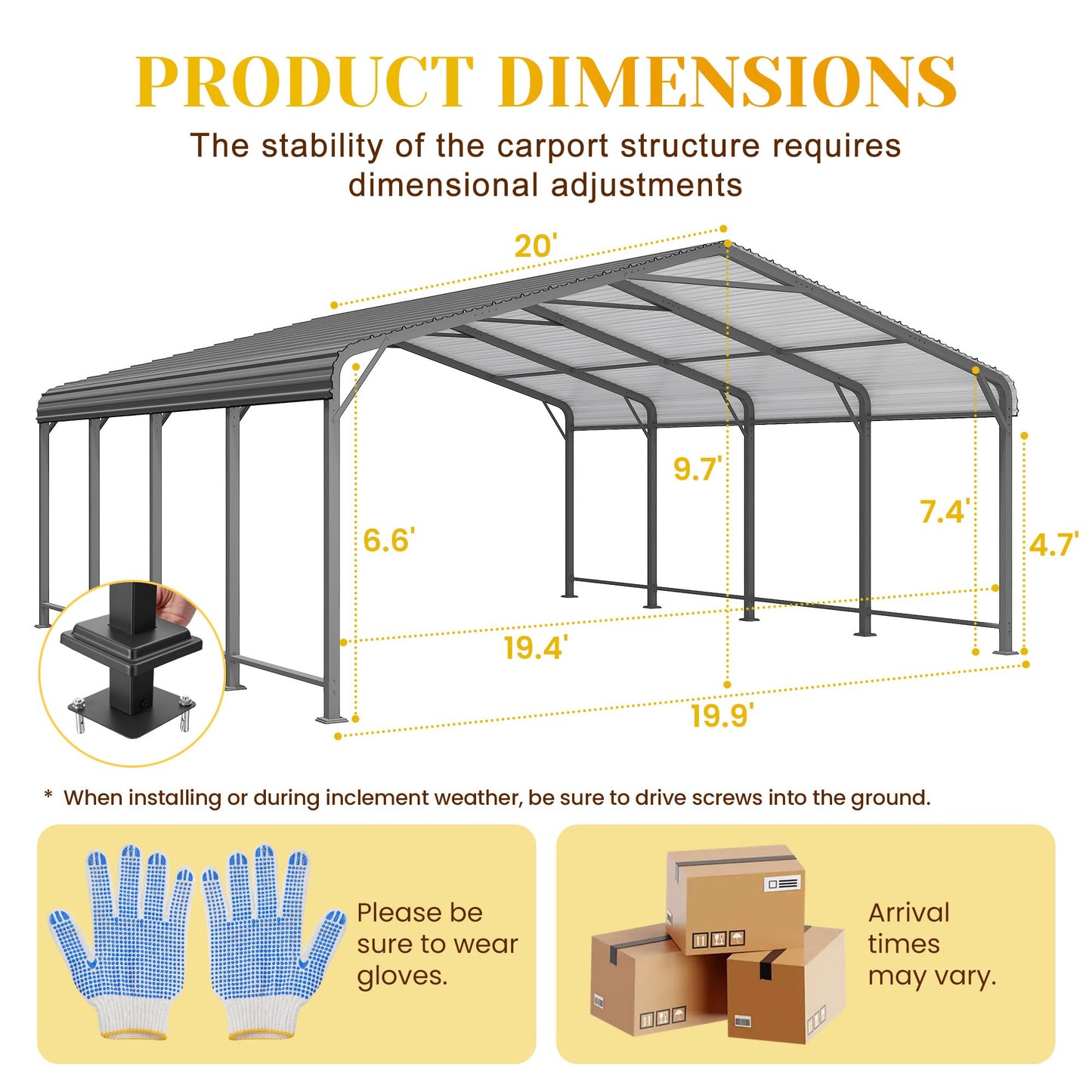 20x20 FT Car Port, Metal Carport for 2 Cars, Heavy Duty Canopy Carport with Updated Roof & Enhanced Base, Garage Vertaile Carports for RV Car, Truck, Boat, Tractors, Party, Grey