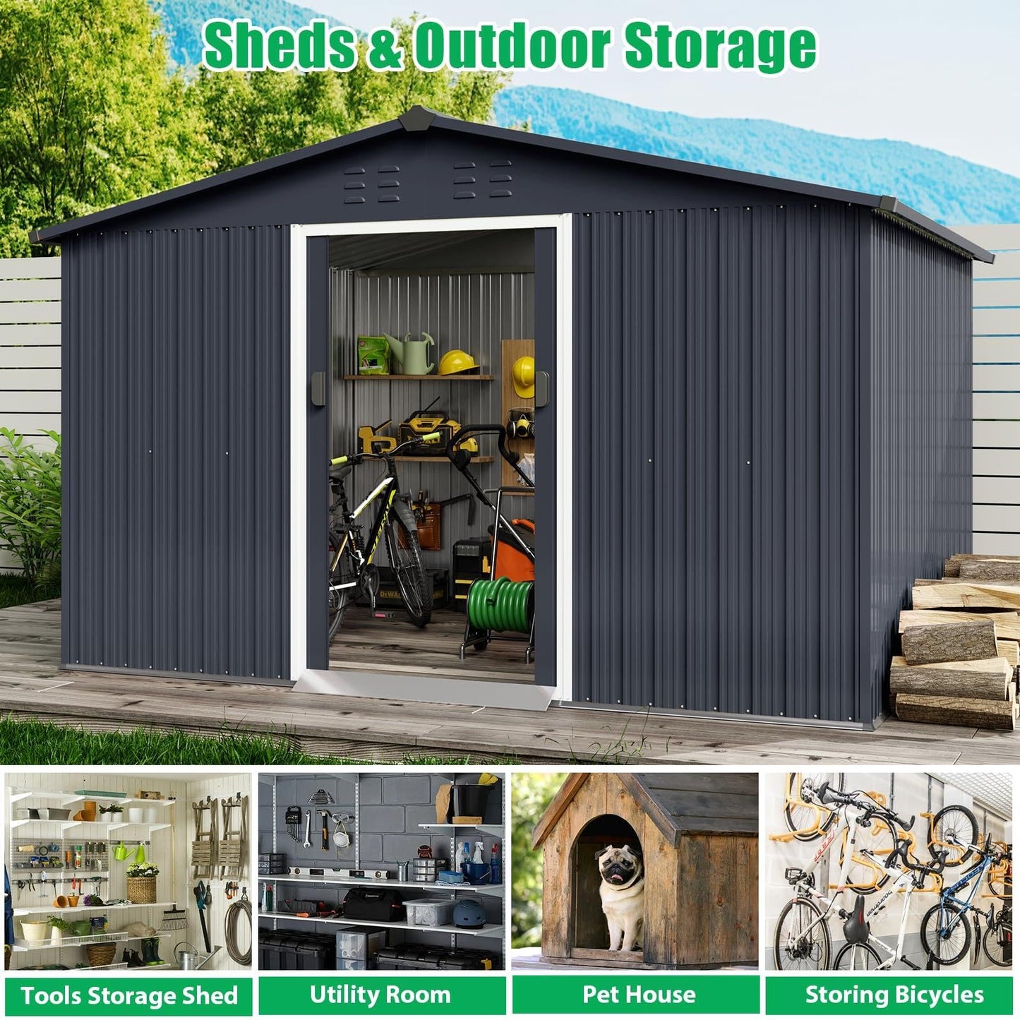 10x12 FT Outdoor Metal Storage Shed with Lockable Door - Large Waterproof Galvanized Steel Shed, Pitched Roof & Vents for Tools, Lawn Mower, Bike, Garbage Cans, Backyard, Garden (Grey)
