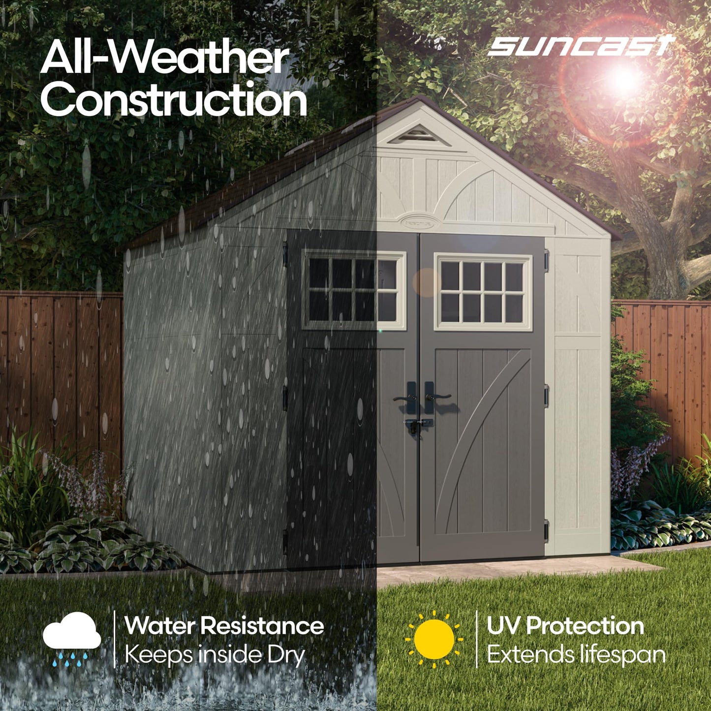 Suncast 8x7 Ft. Outdoor Storage Shed - Large Resin Shed with Floor, Lockable Double Doors, & Skylights. 378 Cu Ft Tremont Garden Sheds & Outdoor Storage for Lawn Tools, Riding Mowers, Bikes, & More