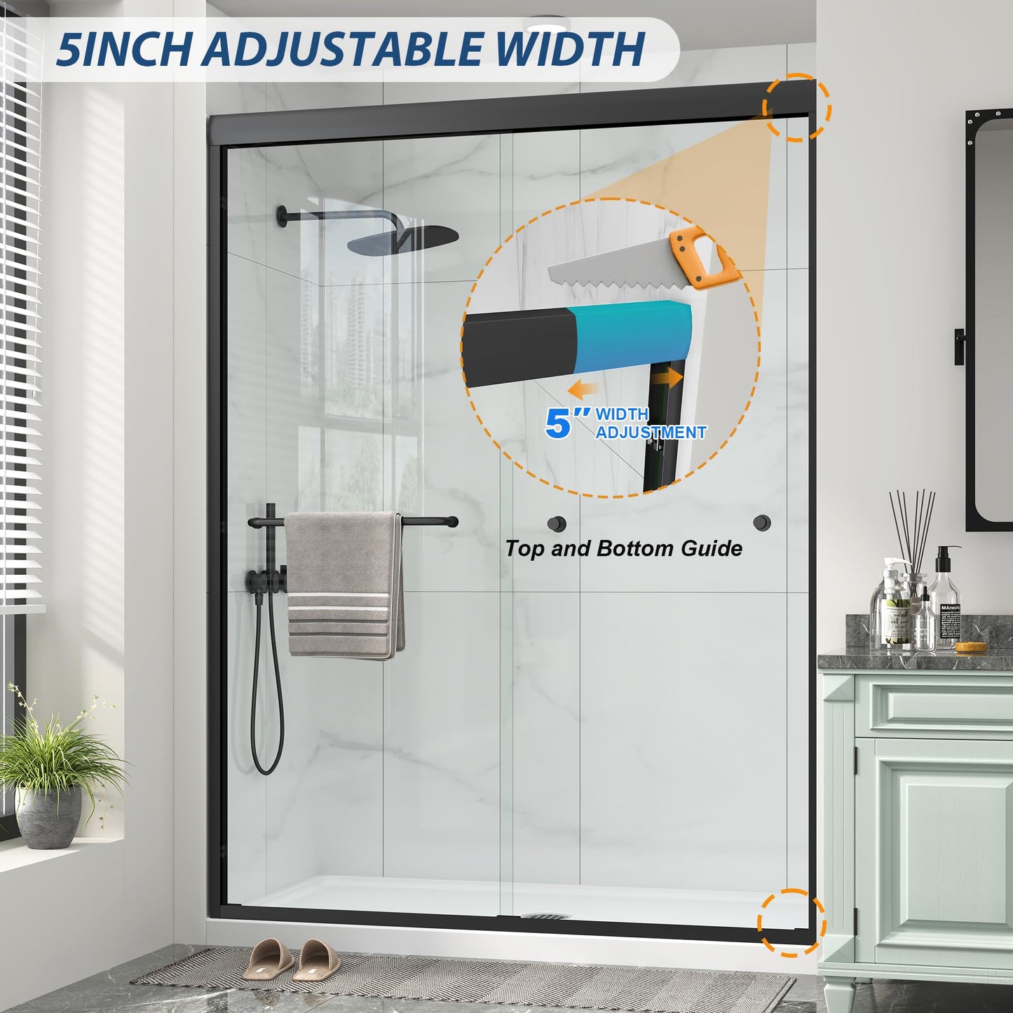 Double Sliding Shower Door 49-54" W x 72" H with Nano Anti-Explosion Safety Film, 1/4" (6mm) Tempered Glass Semi-Frameless Bypass Bathroom Shower Glass Doors,Matte Black