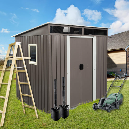 6FT x 5FT Outdoor Storage Shed, Heavy Duty Galvanized Steel Garden Shed with Sloped Roof, Sliding Lockable Doors, Punched Vents & Foundation Kit, Weather Resistant Tool Shed, Grey with Window