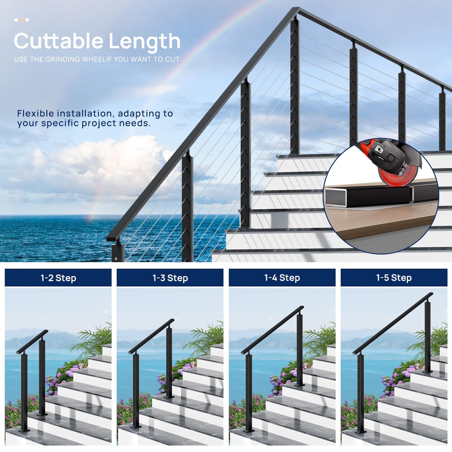 2 Pack 10FTx 2"x1" Aluminum Black Handrail with Self Drilling Screws Nylon End Caps, AAMA 2604 Coating, 2.8mm Thick Flat Handrail Cuttable Top Rail for Deck Stair Railing Indoor Outdoor
