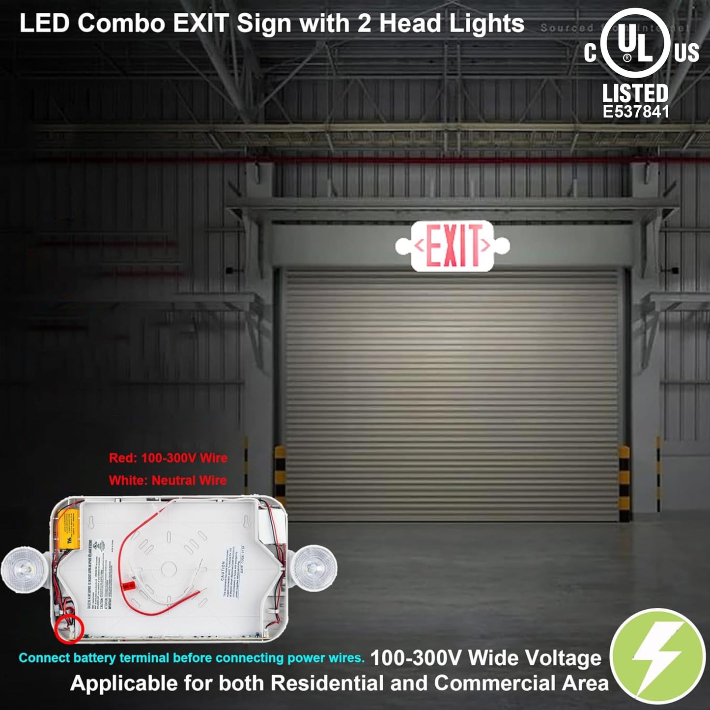 LIT-PaTH LED Combo EXIT Sign with 2 Adjustable Head Lights and Double Face, Back Up Batteries- US Standard Red Letter Emergency Exit Lighting, UL 924 and CEC Qualified, 120-277 Voltage, 2-Pack