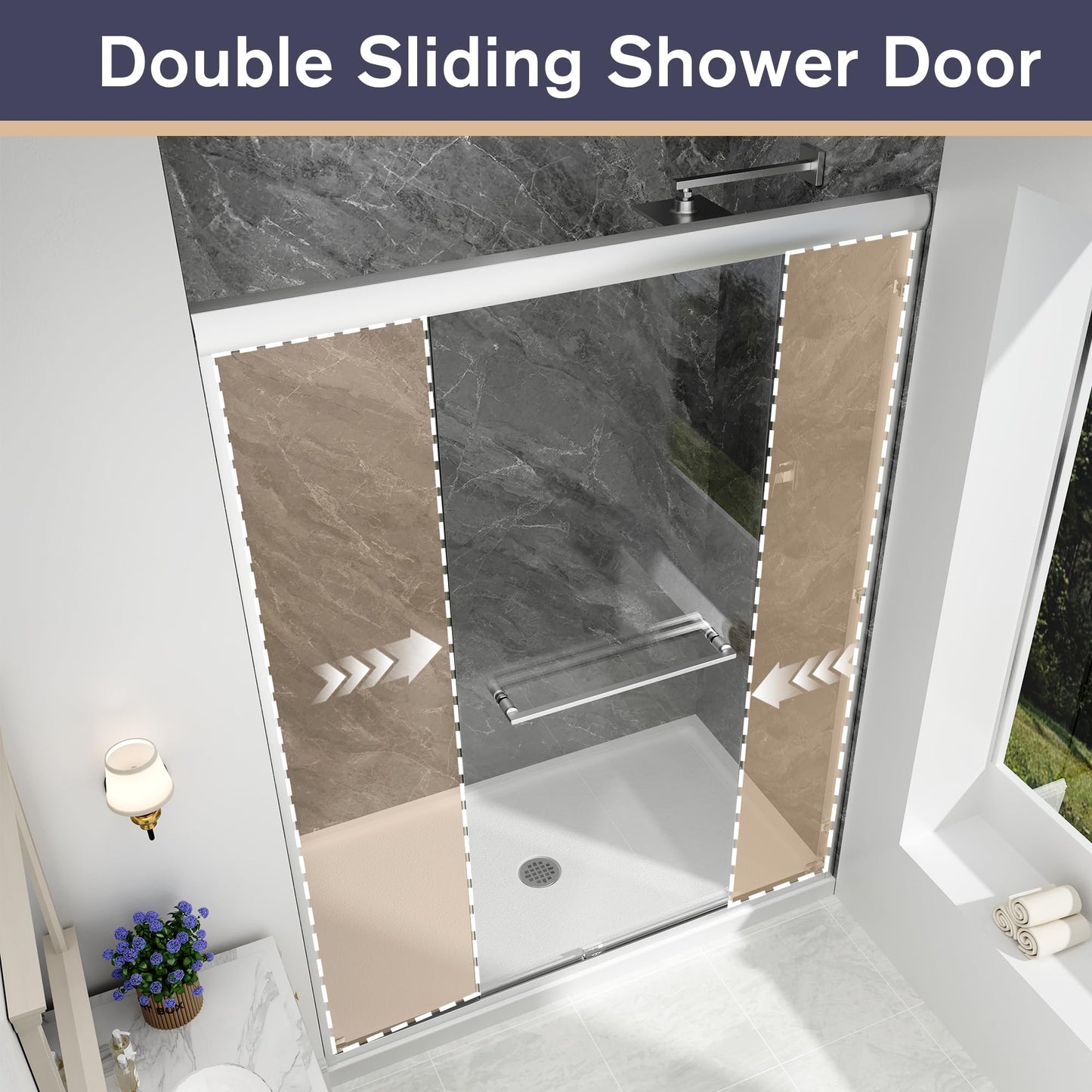 EASYWORC Double Sliding Shower Door, 49"-54" W x 70" H Semi-Frameless Glass Shower Door, 1/4'' (6mm) Clear SGCC Tempered Glass with Explosion-Proof Film and Nano Coating, Brushed Nickel