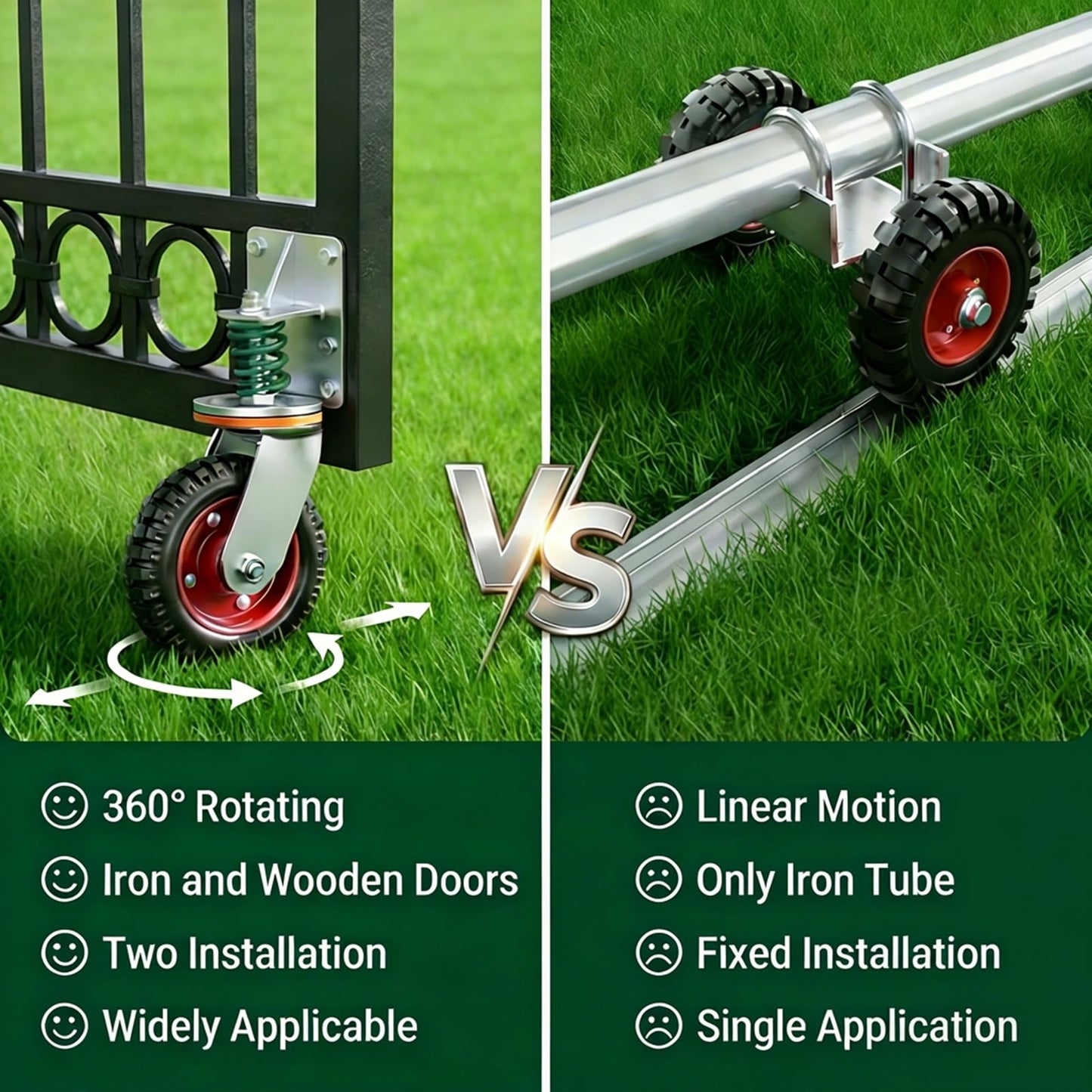6 Inch Heavy Duty Gate Wheel, Spring Loaded 600 Lbs Capacity Gate Support Roller with 360° Swivel for Wooden Gate, Metal Tube Gate, Farm Gate & Driveway Gate, U-Bolt & Drill Mount Kit Included, 1 Pack
