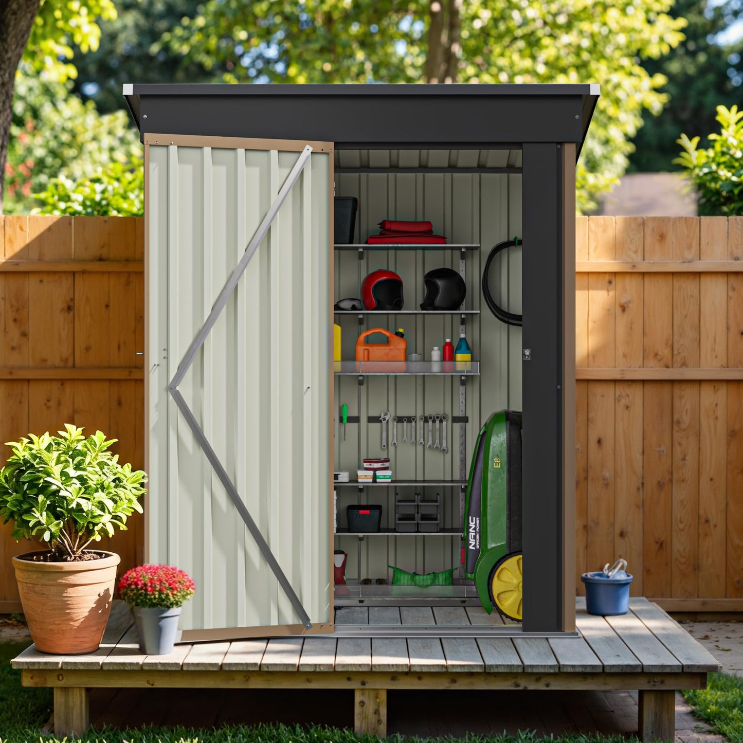 Greesum 5×3FT Outdoor Storage Shed, Metal Patio Storaged Sheds with Lockable Doors, Sheds & Outdoor Storage for Bike, Backyard, Pool and Garden, Brown