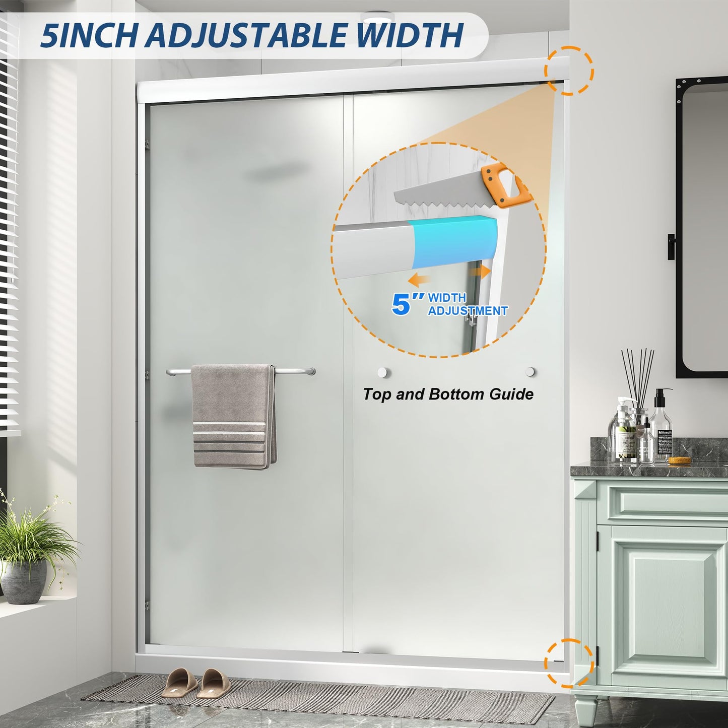 Double Sliding Shower Door 49"-54" W x 72" H with Nano Anti-Explosion Safety Film, 1/4" (6mm) Frosted Ultra-Clear Tempered Glass Semi-Frameless Bypass Shower Glass Doors,Brushed Nickel