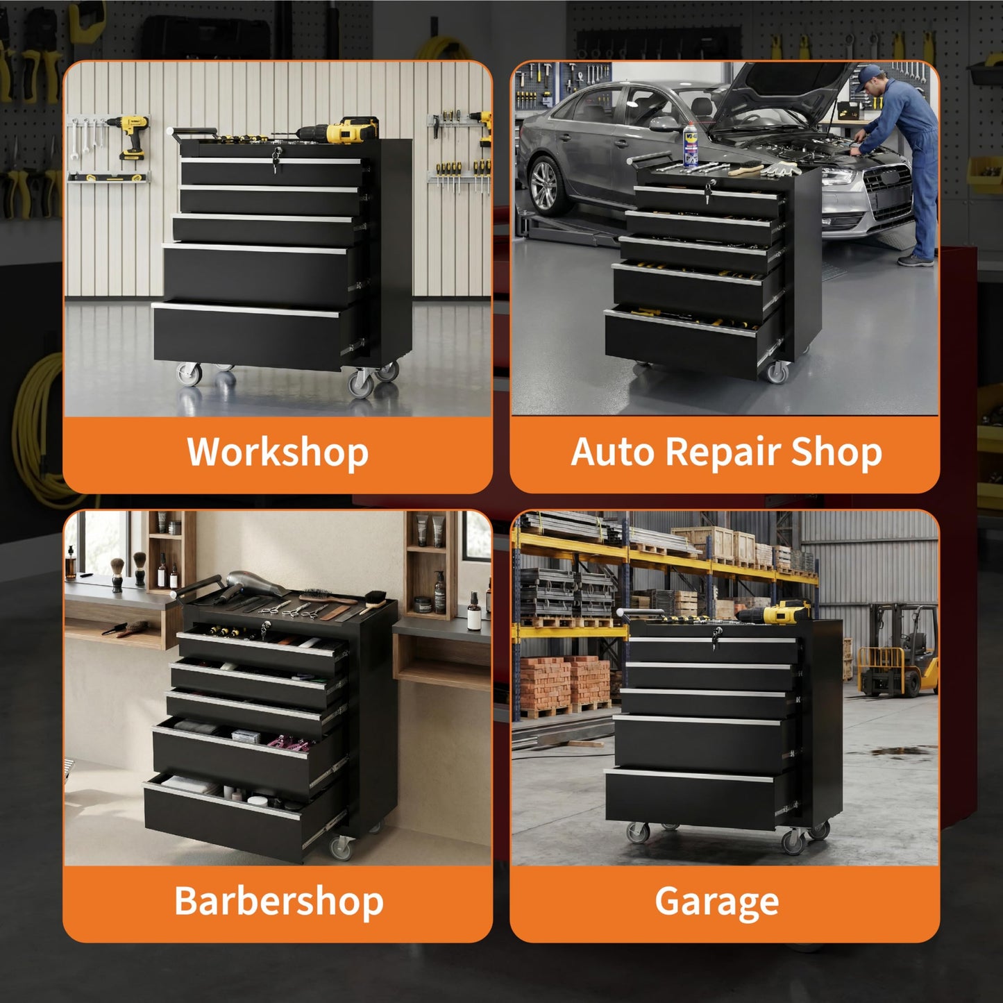 SierraSquad Rolling Tool Chest, 5-Drawer Tool Storage Cabinet, Tool Box with Wheels, Lock System and Drawer Liners, Tool Cart for Warehouse, Workshop and Repair Shop, Black