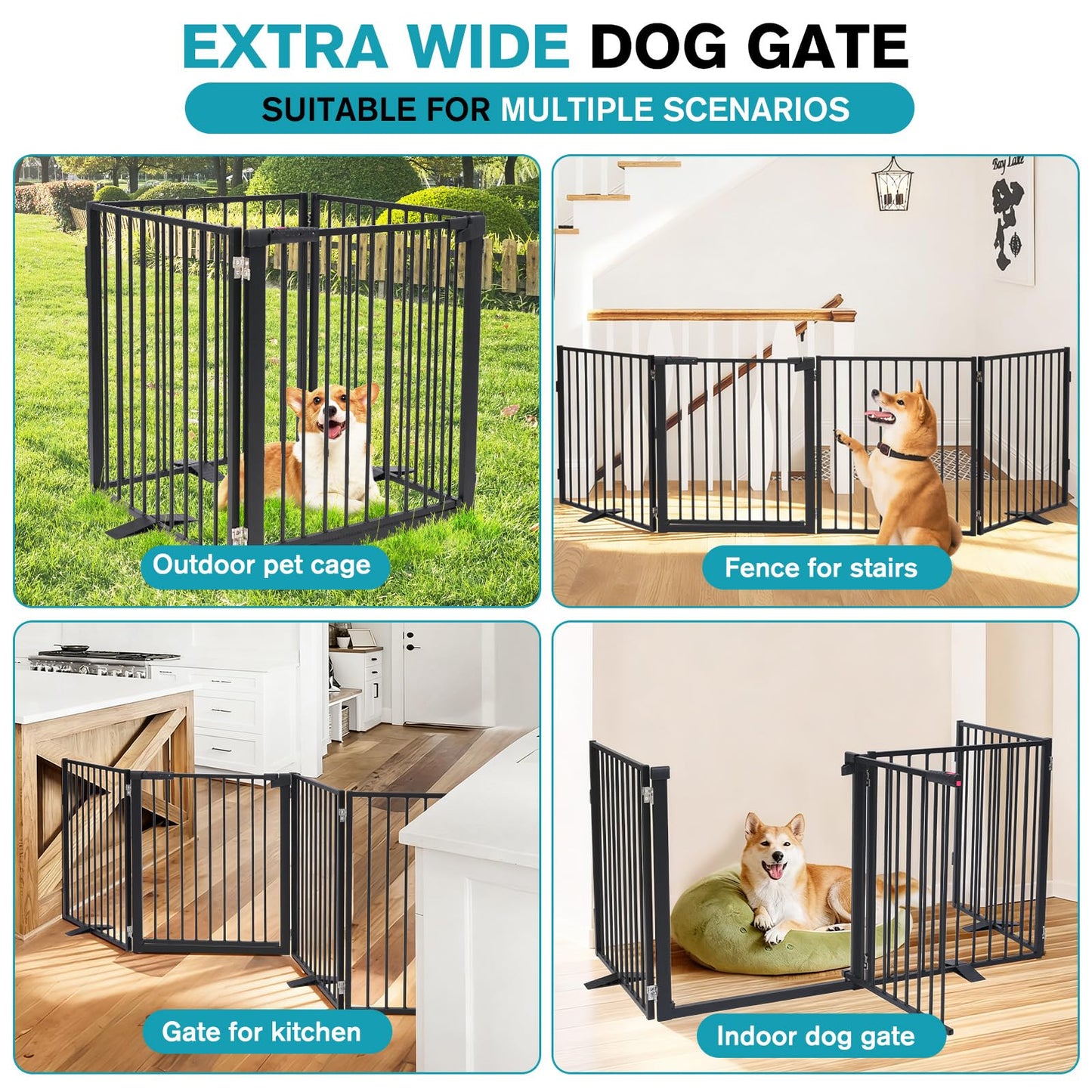Snagle Paw Extra Wide Dog Gate,Free Standing Dog Fence with Door, Up to 104 Inch Wide Pet Gate with Support Feet for Stairs, Hallways, Doorways, Yard (Black, 4 Panels)