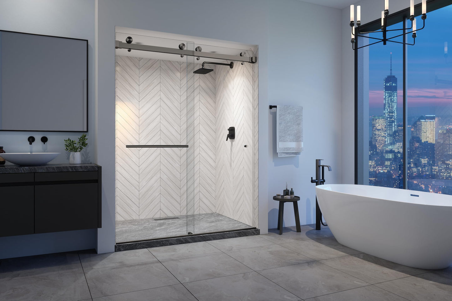 Eurotech Showers VITRA-200 56.5-59" W x 78" H Frameless Shower Door, Double Sliding with 3/8" Clear Tempered Glass (Matte Black)