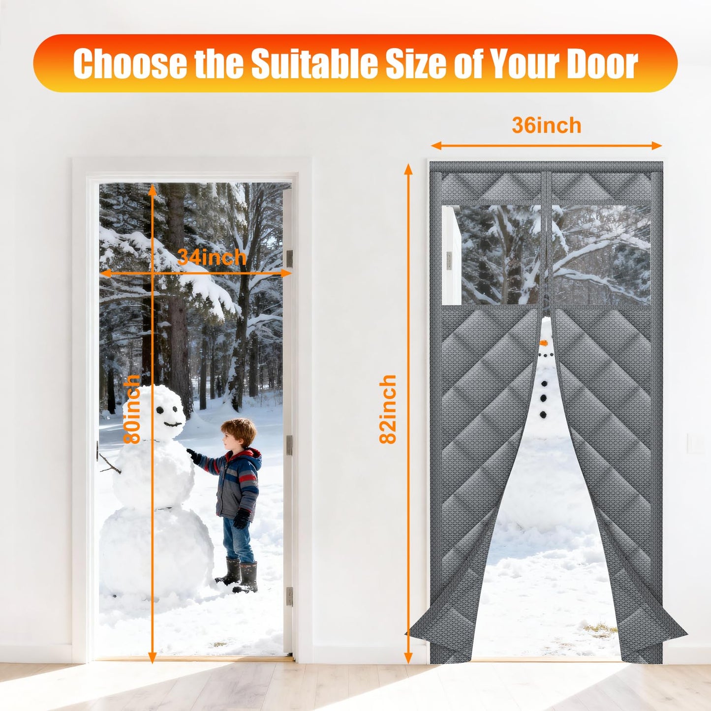 Magnetic Thermal Insulated Door Curtain with Transparent Window Insulated Door Cover Upgraded Oxford Filled with Thicken Cotton Thermal Insulated Curtains for Winter Waterproof and Windproof, Grey