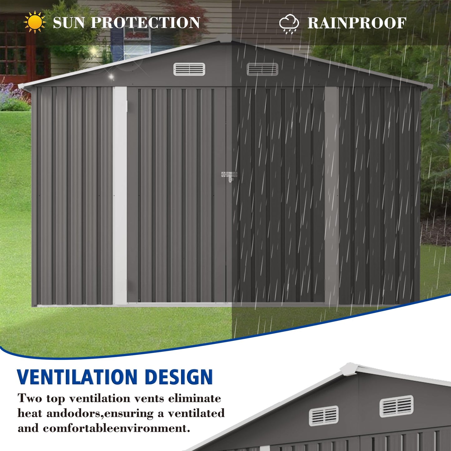 120"x96"x76.4" Metal Storage Shed Outdoor Garden Tool Shed, Galvanized Steel Lockable Backyard Organizer, Double Door Utility Shed with Windows for Lawn Equipment, Bikes, Patio & Backyard Storage