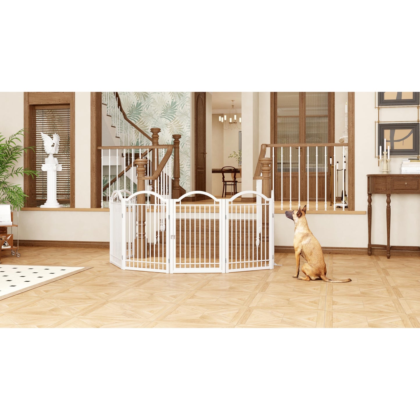 BHG Metal No-Assembly Freestanding Dog Gate with Door Walk Through, Extra Wide 144", Extra Tall 32" Pet Gate, Accordion Puppy Folding Playpen Dog Fence, with 2PCS Support (White, 6 panesl)