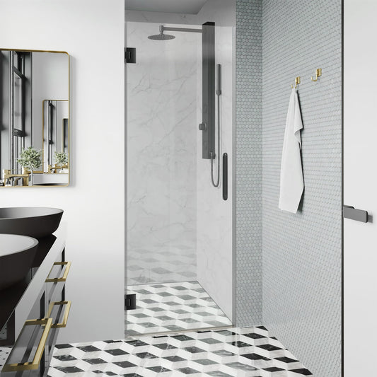 Bathroom Frameless Shower Door 28" W*72" H, 5/16"(8mm) Clear Tempered Glass Hinged Shower Door with Seal Strip and Handle, Matte Black Clamps