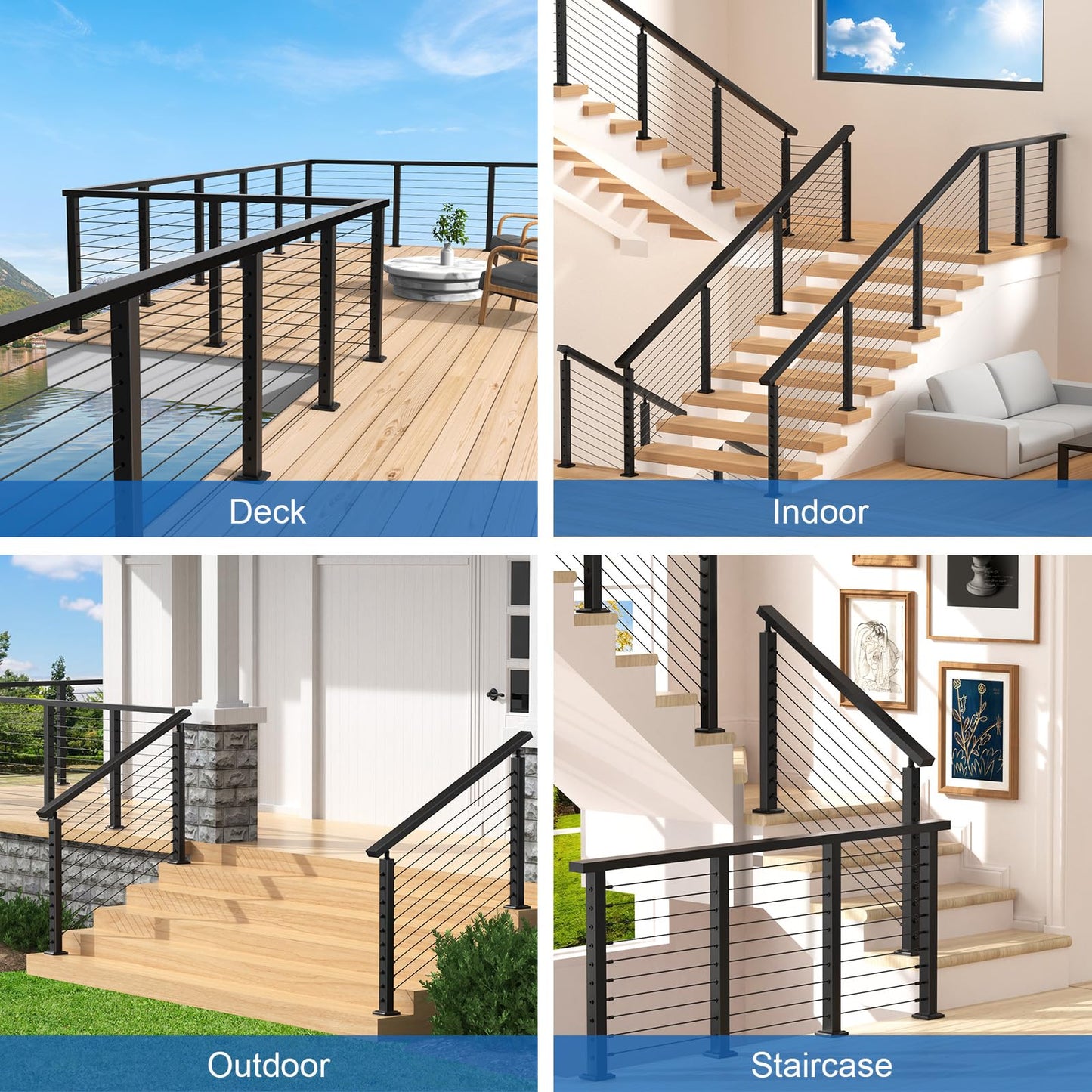 CKE 5-10ft Complete Set 36" Stair Cable Railing Post Kit (35"x2"x2") for 25°-35° Stair, 2 Pack Stair Cable Posts, 150ft 1/8" Wire Rope, Black Swageless Invisible Cable Railing System DIY Kit SPS01