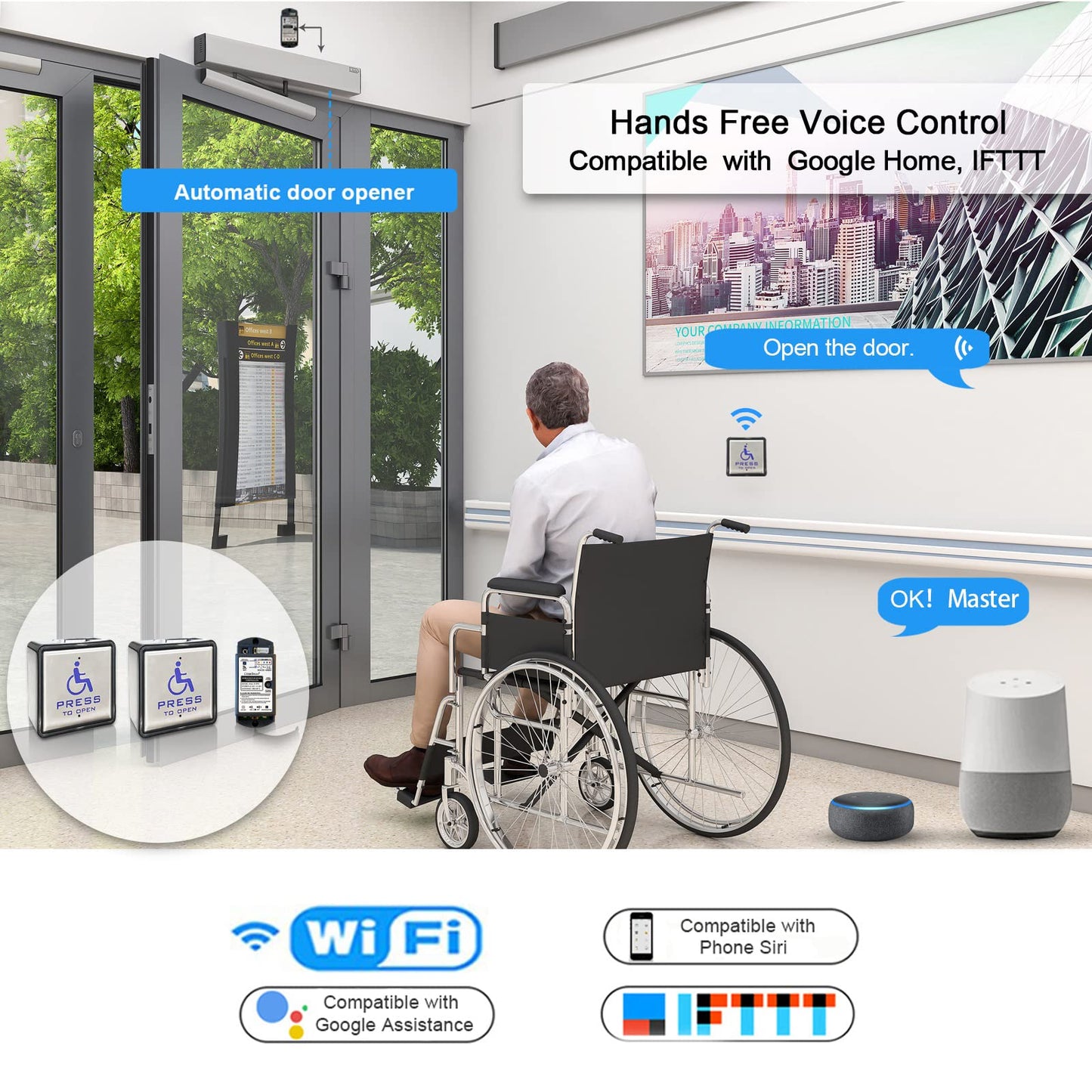Olideauto Swing Door Operator Automatic for The Disabled,Commercial Smart WiFi Handicap Door Opener Wireless Olide-120B with Wireless Handicap Push Button&Receiver and DC12V 880lbs Electric Strike