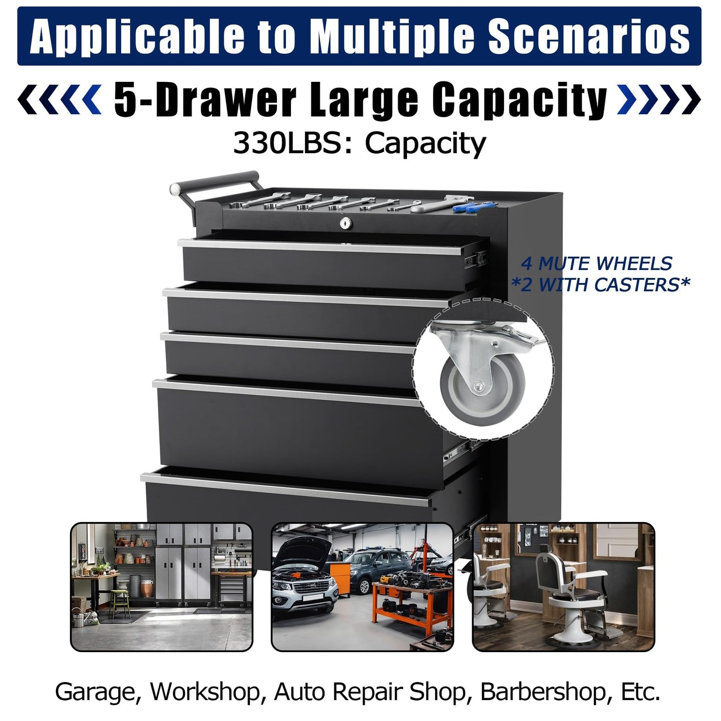 Professional 24 Inch 5-Drawer Tool Chest on Wheels, Constructed with Durable Cold-Rolled Steel, Features 4 Swivel Locking Casters & Full-Extension Drawer Slides, Mobile Tool Storage for Mechanics and