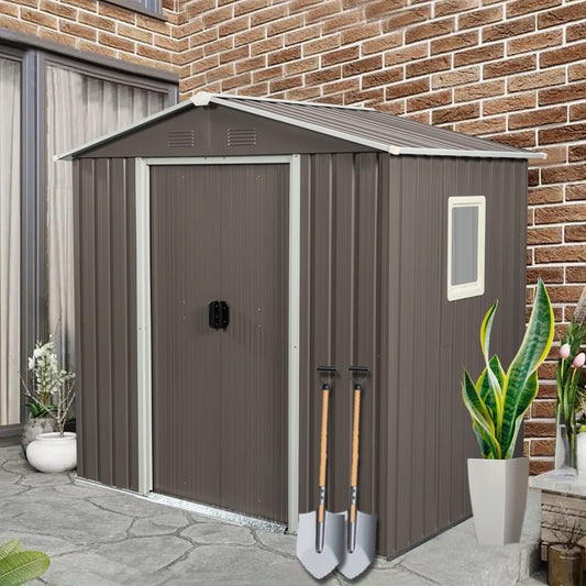 6FT x 5FT Outdoor Storage Shed, Heavy Duty Galvanized Steel Garden Shed with Sliding Lockable Doors, Punched Vents & Foundation Kit, Weather Resistant Metal Tool Shed for Backyard,Gray with Window