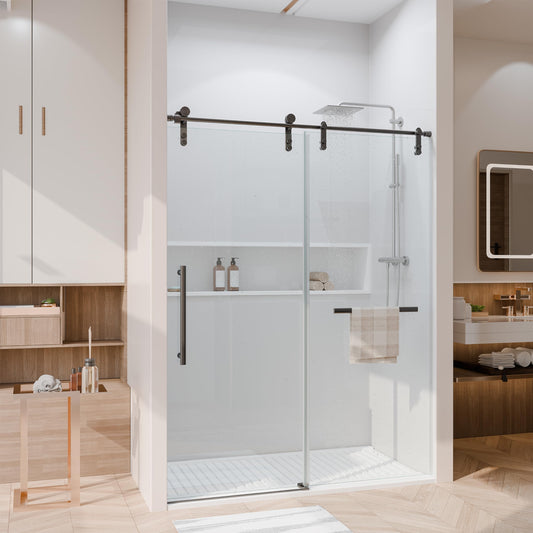 Shower Door 56-60" W × 76" H Glass Shower Door,Frameless Shower Door with Handle and Seal Strip for Waterproof,Sliding Shower Door in Stylish and Modern,Black