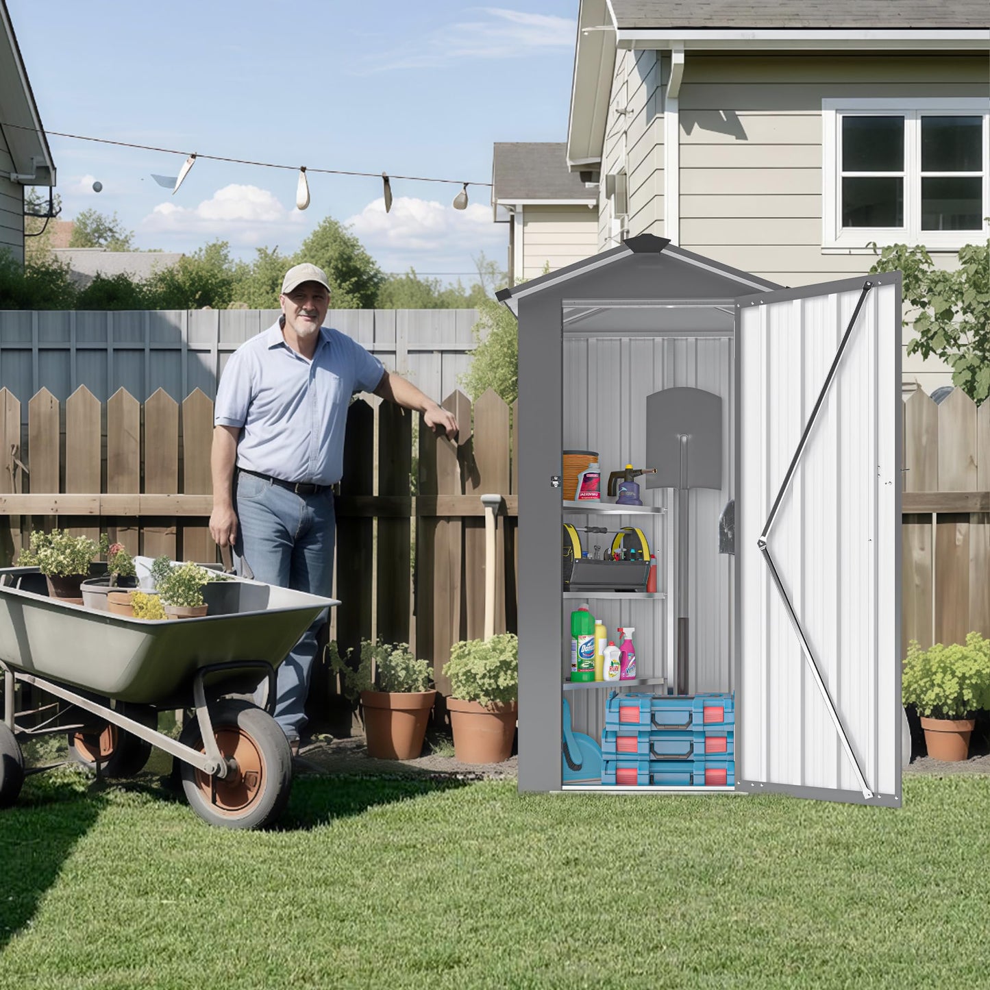 YOPTO 2.5x1.4 FT Outdoor Storage Shed, Tool Shed with Waterproof Roof and Lockable Door,Metal Shed with Adjustable Open Shelves for Backyard Garden Patio Lawn,Black