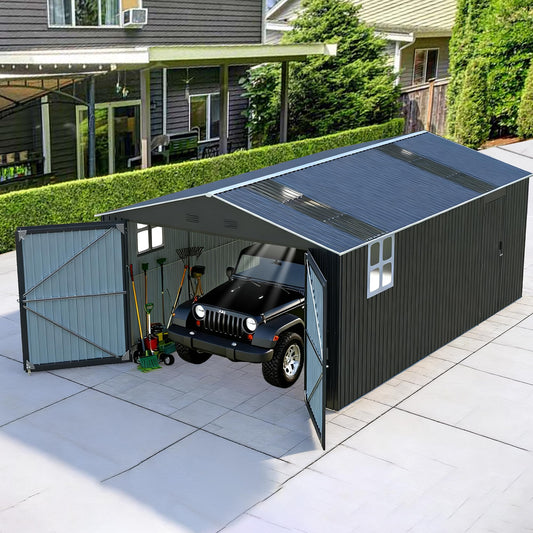 KEIKI 13x20FT Garage Shed, Large Metal Outdoor Storage Shed with 2 Windows & 2 Translucent Panels for Car, Truck, Bike, Lawnmower, Backyard Tool