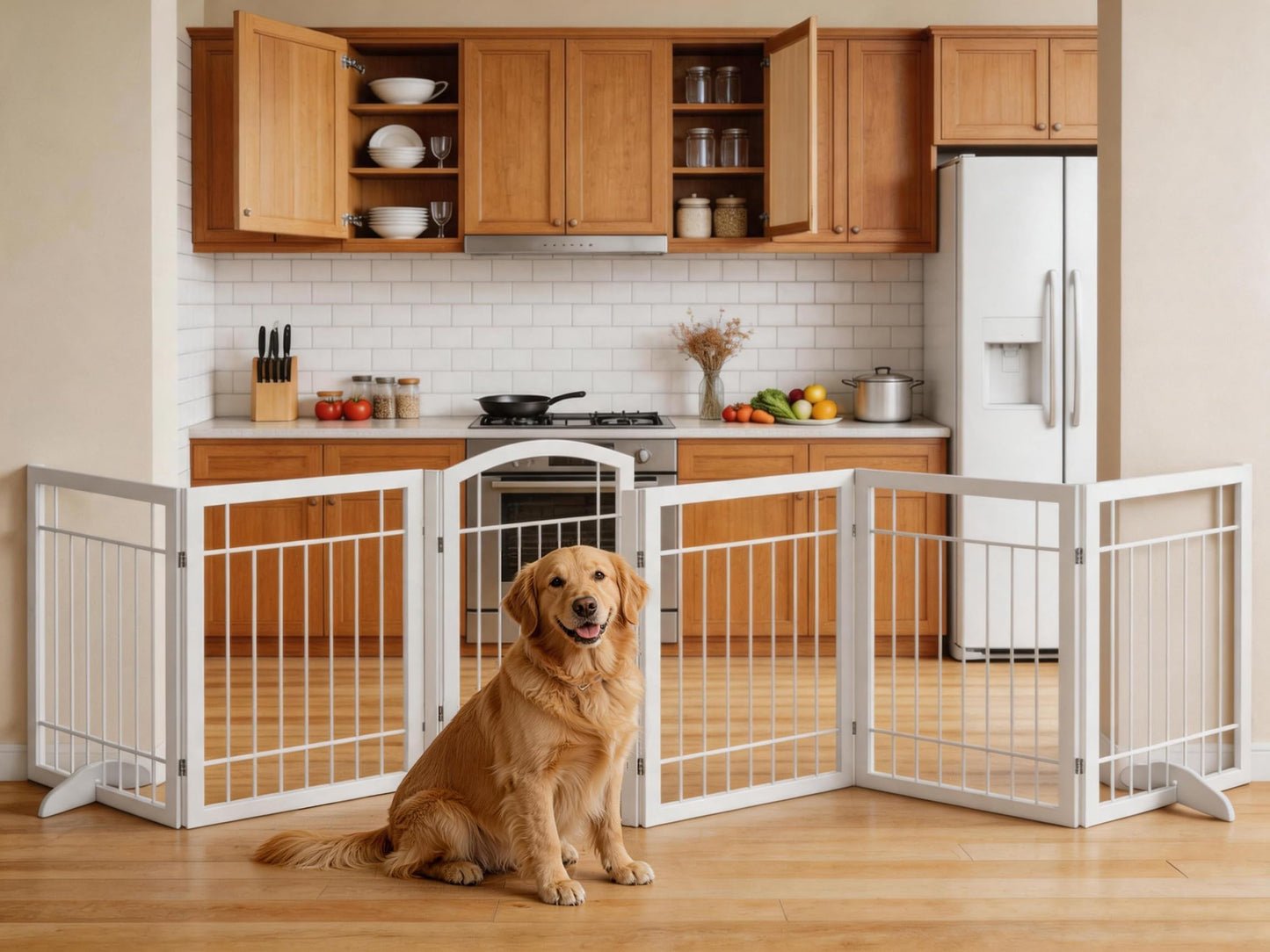 Vantas Folding Pet Gate 144" Wide, 30" Tall No-Assembly Metal Dog Gate with Door Walk Through, Freestanding Wire Pet Puppy Safety Fence, with 2PCS Support - White