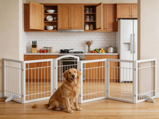 Vantas Folding Pet Gate 144" Wide, 30" Tall No-Assembly Metal Dog Gate with Door Walk Through, Freestanding Wire Pet Puppy Safety Fence, with 2PCS Support - White